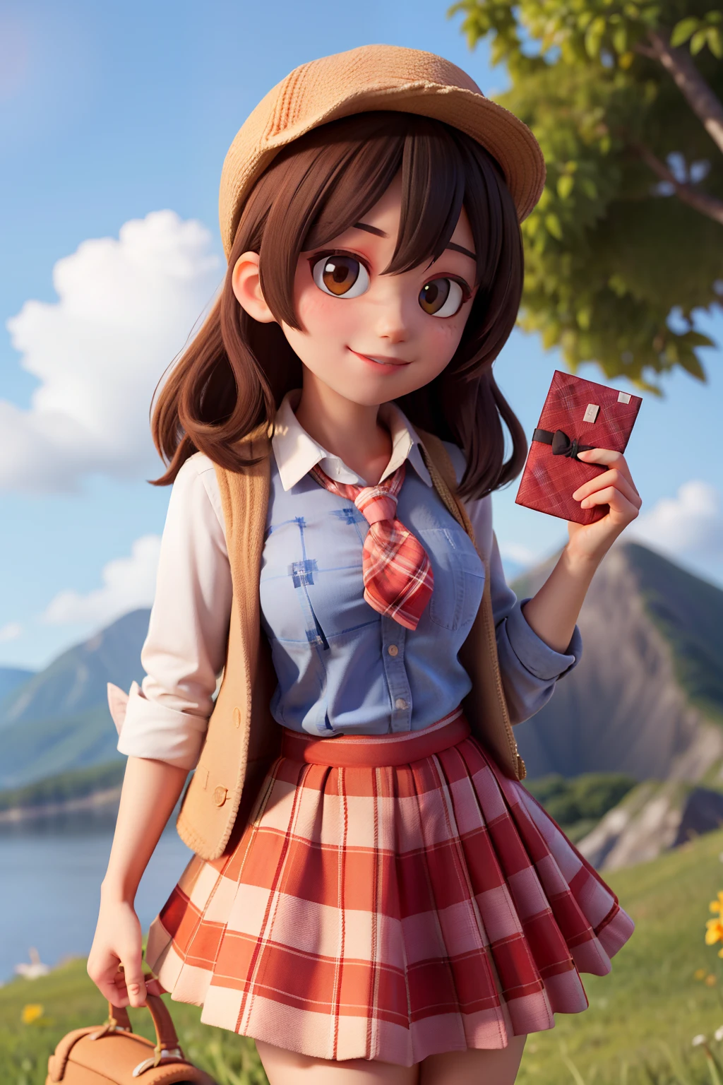 masterpiece, high quality best quality,1girl, bangs, beach, blue_sky, blush, bow, breasts, checkered, checkered_shirt, checkered_skirt, cloud, cloudy_sky, collarbone, day, envelope, giving, grass, hair_bow, heart, holding, holding_letter, horizon, incoming_gift, kazami_yuuka, leaning_forward, lens_flare, letter, light_rays, long_hair, looking_at_viewer, love_letter, mountain, mountainous_horizon, ocean, outdoors, plaid, plaid_background, plaid_bikini, plaid_bow, plaid_bowtie, plaid_bra, plaid_dress, plaid_headwear, plaid_jacket, plaid_legwear, plaid_necktie, plaid_neckwear, plaid_panties, plaid_pants, plaid_ribbon, plaid_scarf, plaid_shirt, plaid_skirt, plaid_vest, pov, shirt, skirt, sky, smile, solo, sun, sunbeam, sunlight, tree, unmoving_pattern