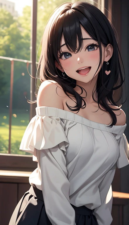 girl with、Comfortable wide neck sweater、The upper part of the body、(Huge laughter:1.1)、(Opening Mouth:1.1)、(widely opened eyes:1.2)、Delicat eyes、Sun glare、bokeh dof、depth of fields、blurry backround、Particles of light、、(Heart particles:1.1)、​masterpiece、