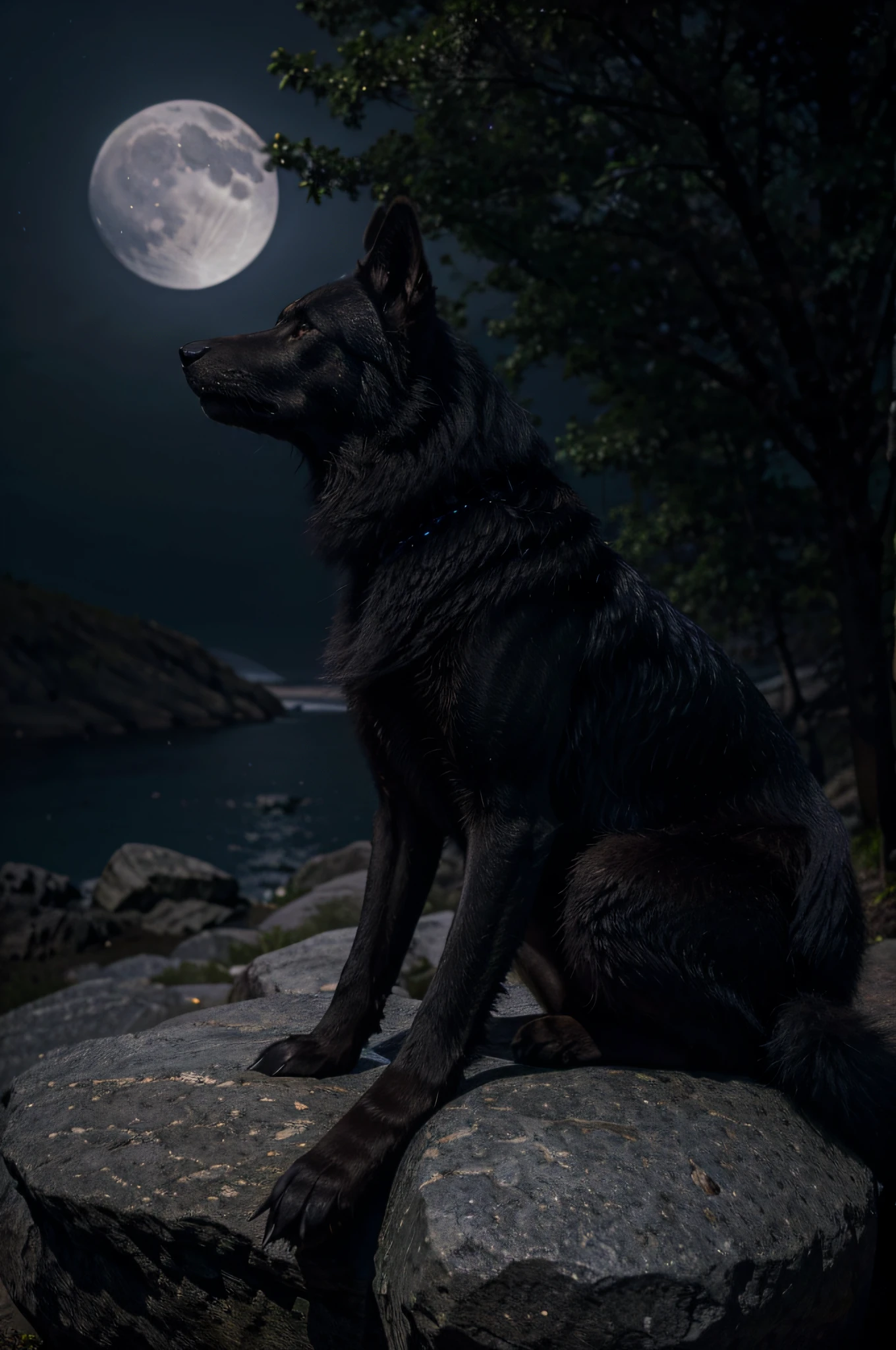 (best quality,highres),dark and mysterious, (realistic:1.37) portrayal of the black wolf, perched gracefully on a rugged rock formation, gazing intently at the luminous moon. The wolf's sleek fur shimmers under the moonlight, emphasizing its mesmerizing ebony coat. The surrounding atmosphere is enveloped in an eerie ambiance, with (subtle moonlit shadows) casting a captivating silhouette against the rocky terrain. As the wolf locks eyes with the moon, its piercing gaze reflects wisdom and a hint of mystique. The scene is accentuated by a nocturnal palette, blending shades of deep indigo, midnight blue, and hints of silver. The moon, (illuminated in a soft glow), serves as a focal point, emanating ethereal light upon the supernatural scene.