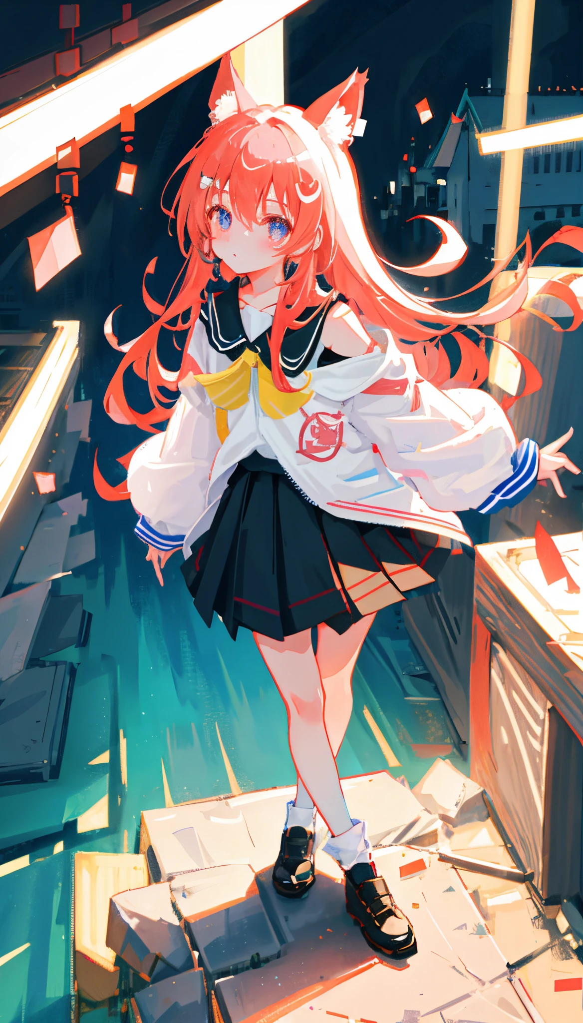 (masterpiece、hightquality、hight resolution、Top image quality)、
Romper、Big city blurred background、(colourfull:0.7)、(eyes focus:1.2)、viewer、The upper part of the body_Body、fish-eye lens、(in a house:1.1)、cute little、Warm light、Cute cat ears、
break 1 li、is standing、独奏、^ ^、(leaning_Forward:1.1)、missiles_Behind_Back、(wide eyed:1.1)、Head_tilt、bare shoulders、tiny chest、long eyeslashes、鎖骨、(red blush:0.95)、
break
Shiny skin、shinny hair、(Bright pupils:1.1)、Be curious、A detailed eye、hair adornments、length hair、Double-sided upward hair、White hair、skirt by the、shinny eyes、