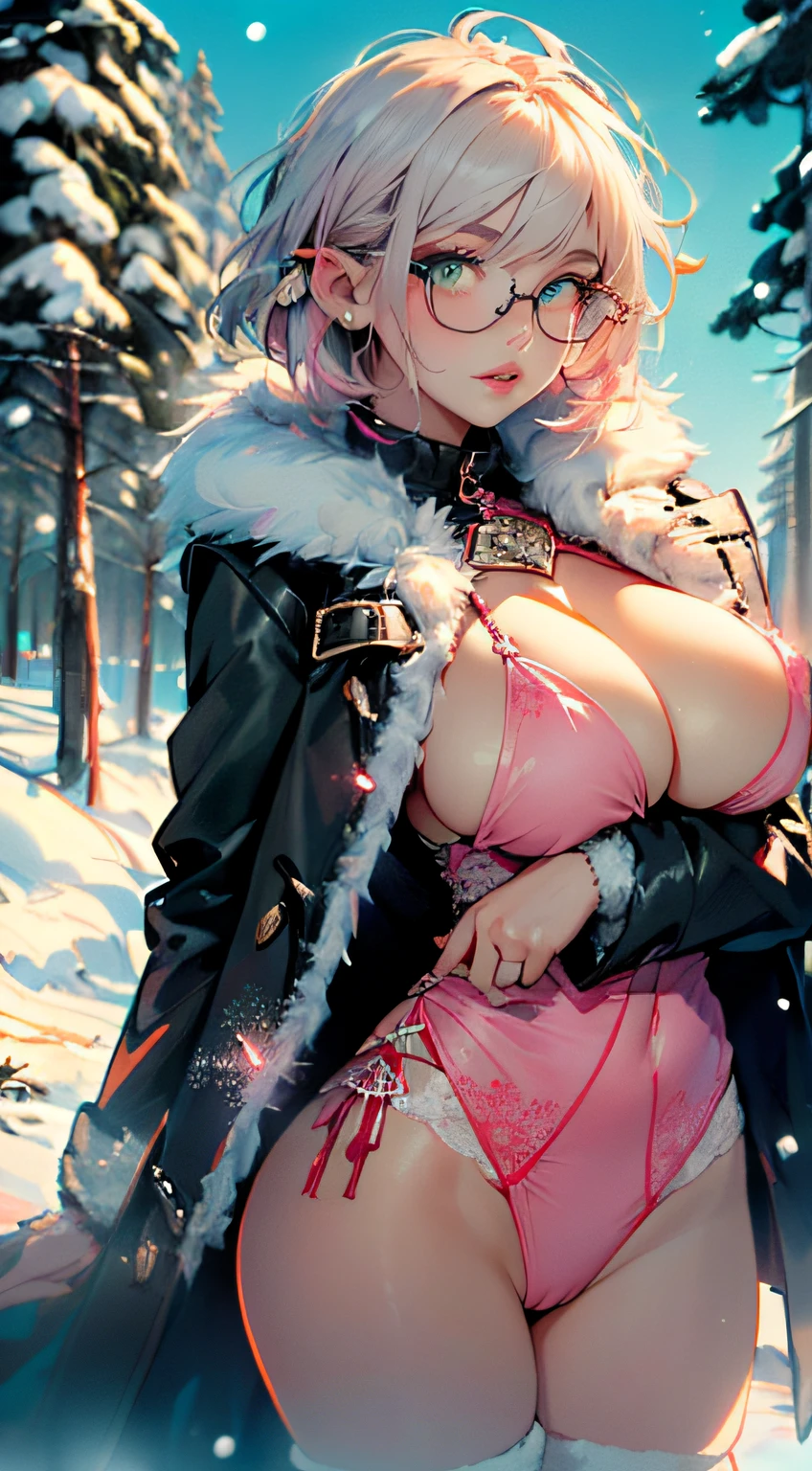 cute elf,(((little loliy little body,little))),,((anime elf loli wittremely cute and beautiful brown hair)), (((elf))), (((elf ears))),
(((large breast:1.8))),((((brown hair:1.35,bob cut hair,colored inner hair,ear breathing)))),(((green eyes:1.3,upturned eyes:1.3,perfect eyes,beautiful detailed eyes,rainbow glows ultra-detailed green yellow eyes:1.1,gradient eyes:1,finely detailed beautiful eyes:1,symmetrical eyes:1,big highlight on eyes:1.2))),(((lustrous skin:1.5,bright skin: 1.5,skin tanned,shiny skin,very shiny skin,shiny body,plastic glitter skin,exaggerated shiny skin,Reflective skin))),(delicate detailed fingers,detailed body,detailed arms,human hands,(Round face,detailed face)),
cute,slutty,erotic,daring,fat,(((nsfw))),(((Fluffy coat))),(((cute dress)))
((((huge glasses, nerd glasses, thick glasses, round glasses)))),zettai ryouiki,revealing clothing,show skin,(((Sexy pale pink fur coat, pale pink fur coat outfit, wearing a pale pink fur coat:1.3,pale pink winter coat))), ((pale pink mini-skirt,pale pink mini skirt with furry edge,visible thong straps)),(white gloves,pale pink clothes,semi-naked,with little pale pink clothing,((((furry edge clothing)))),(detailed outfit,detailed clothes),
(dynamic pose:1.0),solo focus,embarrassed,centered,scale to fit dimensions,Rule of thirds,
twilight,holiday Village Background,winter,snowstorm in background,(pine forest),detailed background:1.25,snow covered,lots of snow, snow,snow forest background,(((Glowing Snowflakes,Glittering Details))),Christmas tree,
(best quality),(high resolution),(sharp focus),(ultra detailed),(extremely detailed),(extremely high quality artwork),8k_wallpaper,(extremely detailed CG 8k),(very fine 8K CG),((hyper super ultra detailed perfect piece)),flawless,(((masterpiece))),illustration,vibrant colors,(intricate),High contrast,Selective lighting,Double exposure,HDR (High Dynamic Range),Post-processing,Background blur,