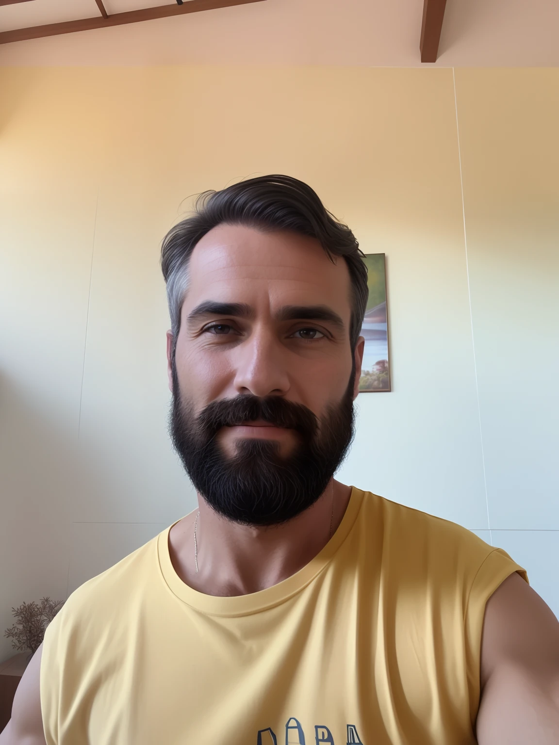 there is a man with a beard and a yellow shirt, Fotografia selfie 8k, com uma barba pequena, barba cheia, 3 2 anos, barba natural, 3 6 anos, barba curta e desgrenhada, (38 anos), barba aparada, barba grisalha, 38 anos, 2 9 anos, Homem de 4 0 anos