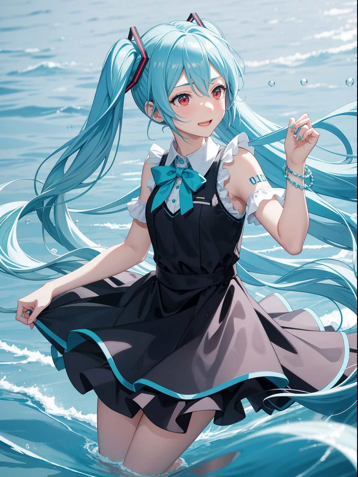 star, Astronomers, 1girl, Cute, Water, They are smiling, Asian, Face seen from the side, fish, Orion, running water, divine, gray hair, Dutchangle_angle, Looking up_down, Thick_thighs thighs thighs thighs thighs, short hair, parted bangs , collected hair, whaite hair, Daoyagao, red eyes, bracelet, Vests, spark of light, Beautiful and detailed bubbles, deep water background, Anime girl with long blue hair and a white shirt and black skirt, Hatsune Miku, Portrait of Hatsune Miku, Hatsune Miku Short hair, vocaloid, Hatsune Miku portrait, Friends, Mikudayao, Anime girl with teal hair, Hatsune Miku cosplay, Hatsune Miku face, anime4K style, An anime girl, Attractive anime girls