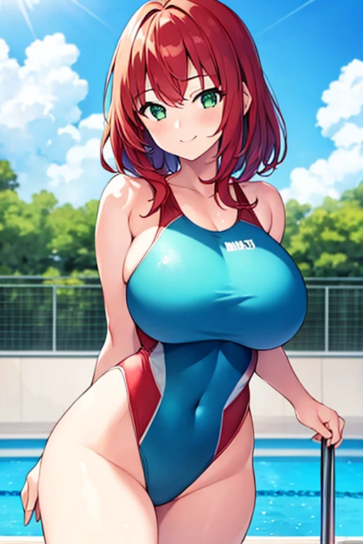 1girl, medium hair, red hair, one-piece swimsuit, green eyes, blue swimsuit, competition swimsuit, huge breasts, thick thighs, wide hips, pool, poolside, smile, light smile, 2d, anime style, anime screencap, blue competition swimsuit