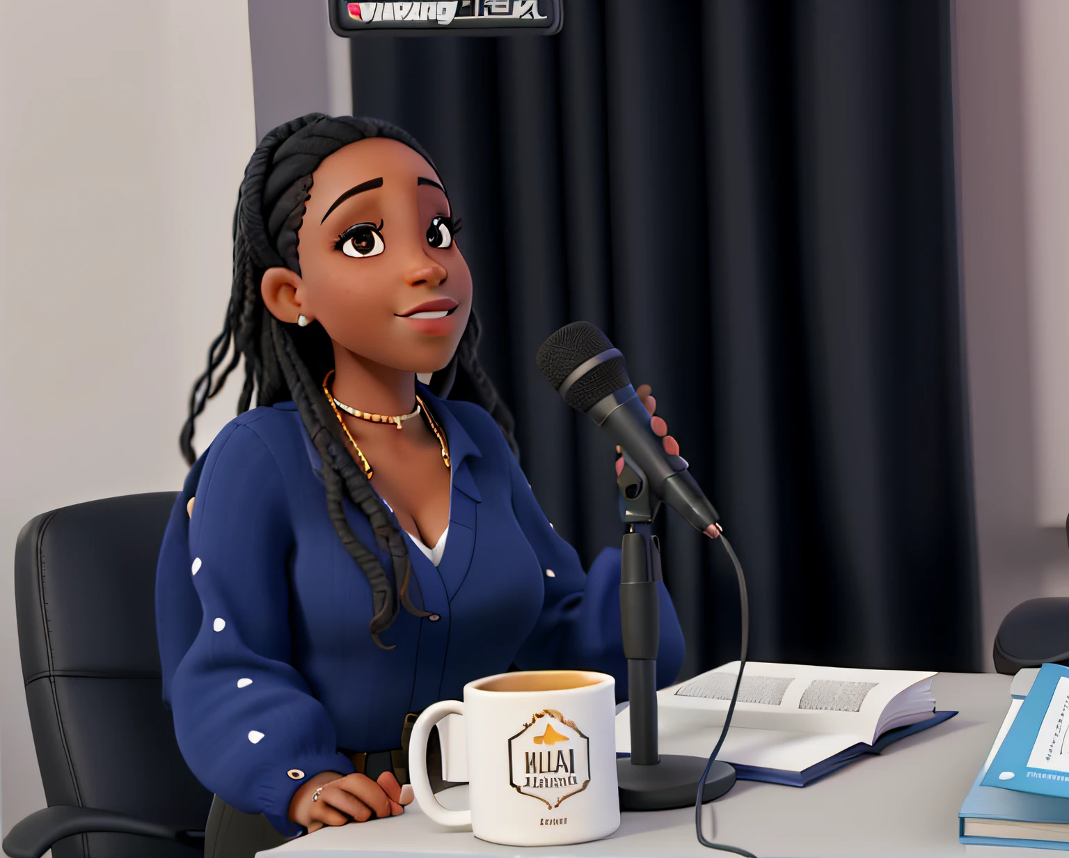 Mulher negra em um podcast, com a biblia sobre a mesa