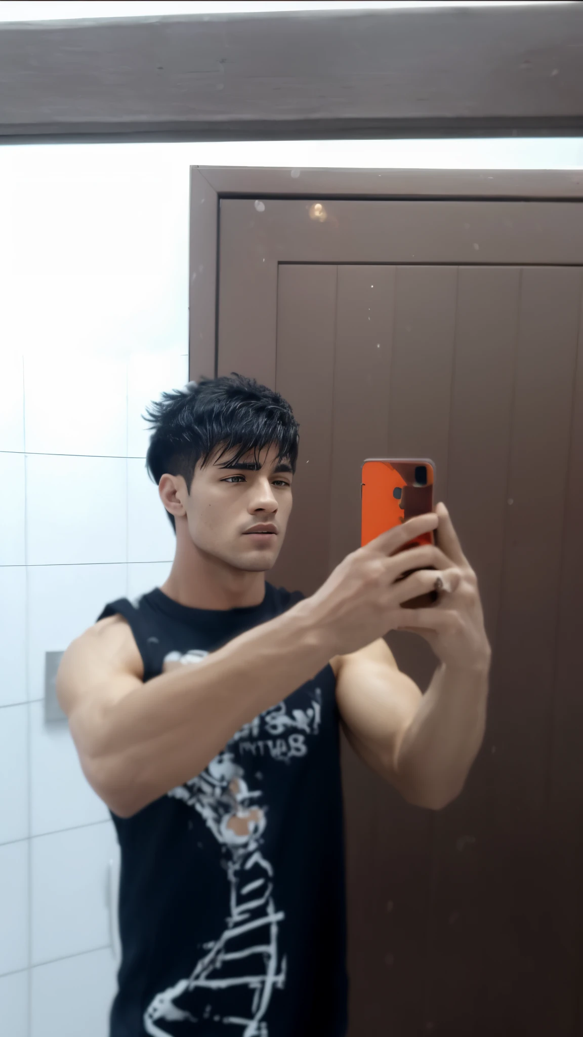 Imagem bruta, photo-realistic, sem contraste, highest resolution, tiro de comprimento total, clean sharp focus, Filmed on camera, filmic grain, natural lighting, Professional Color Grading, stablydiffuseds, Man, manly, macho, young man, olhos azuis, Homem norte-americano, Interior, pele branca, ABS de seis pacotes definidos, Pecs, Muscles, Realistic-looking skin, imagem da mais alta qualidade, Olhos delicadamente esculpidos, Pele delicadamente esculpida, cabelos delicadamente esculpidos, no watermarks, sem palavras, Plano de fundo claro