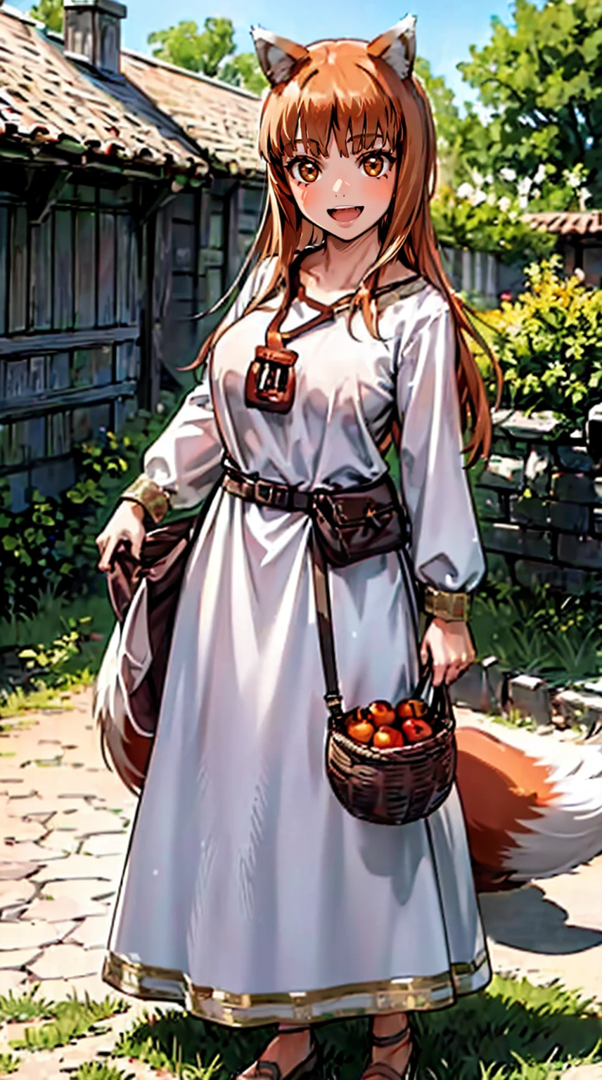 (holo:1.5), (holoBrownDress:1.5), masterpiece, best quality, absurdres, 1girl, looking at viewer, standing, cowboy shot, outdoors, medieval, cobblestone street, town, pouch, sash, smile, fruit, apple, basket,big breast, curvy, silver hair, white hair, full body, flipflops,open mouth smile, faangs,