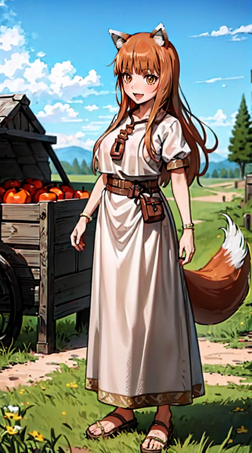 (holo:1.5), (holoBrownDress:1.5), masterpiece, best quality, absurdres, 1girl, looking at viewer, standing, cowboy shot, outdoors, medieval, cobblestone street, town, pouch, sash, smile, fruit, apple, basket,big breast, curvy, silver hair, white hair, full body, flipflops,open mouth smile, faangs,