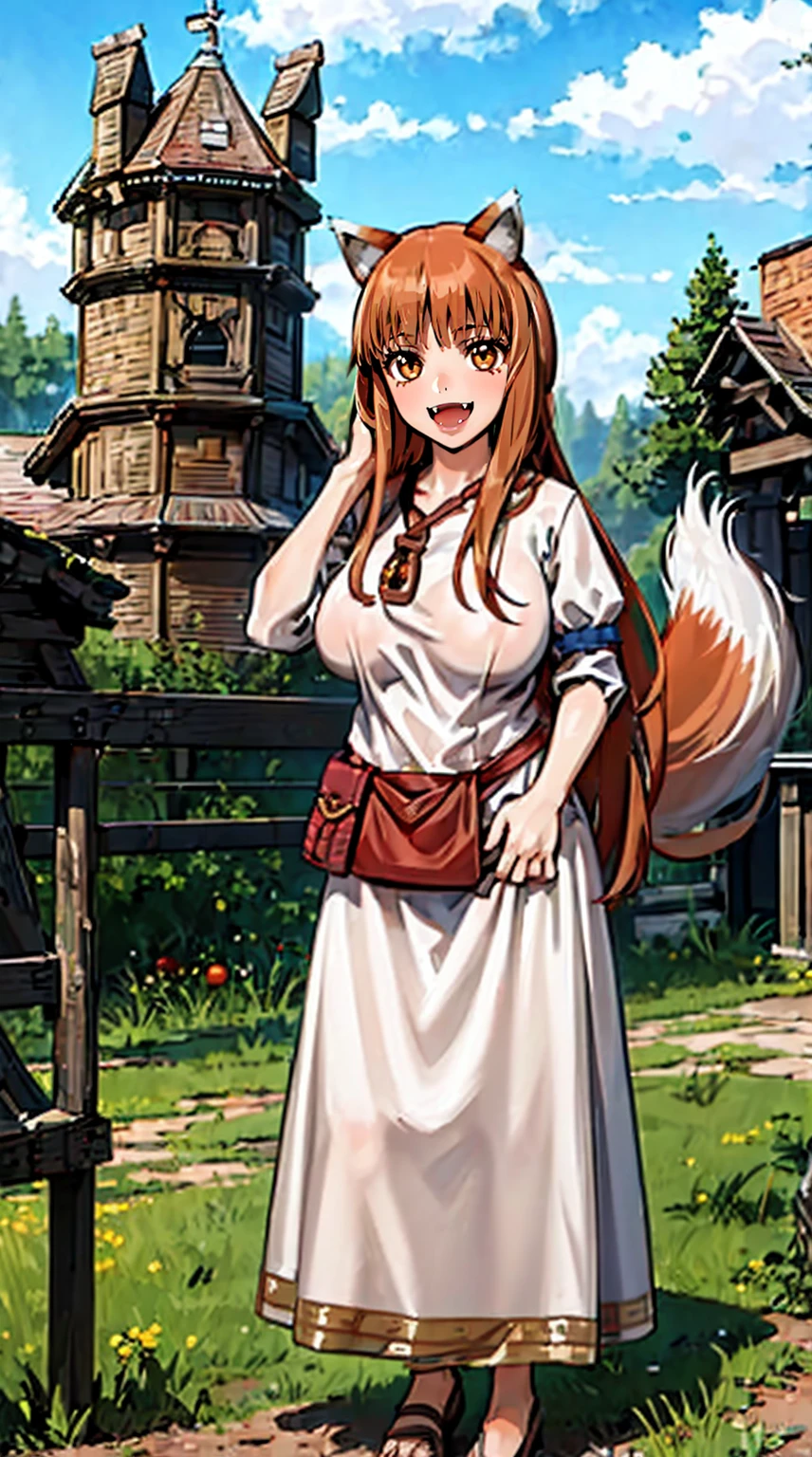 (holo:1.5), (holoBrownDress:1.5), masterpiece, best quality, absurdres, 1girl, looking at viewer, standing, cowboy shot, outdoors, medieval, cobblestone street, town, pouch, sash, smile, fruit, apple, basket,big breast, curvy, silver hair, white hair, full body, flipflops,open mouth smile, fangs,