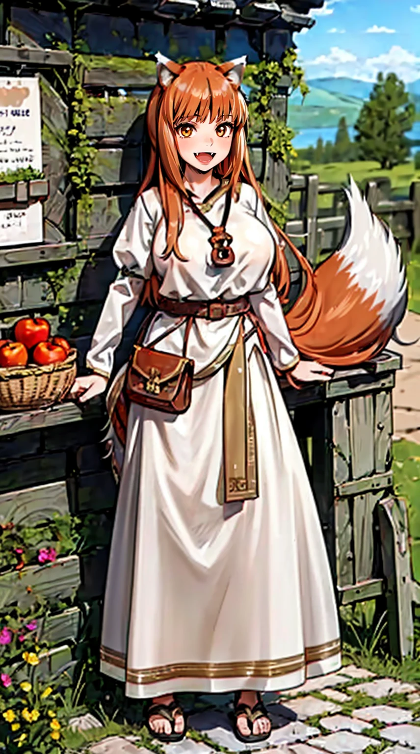 (holo:1.5), (holoBrownDress:1.5), masterpiece, best quality, absurdres, 1girl, looking at viewer, standing, cowboy shot, outdoors, medieval, cobblestone street, town, pouch, sash, smile, fruit, apple, basket,big breast, curvy, silver hair, white hair, full body, flipflops,open mouth smile, fangs,