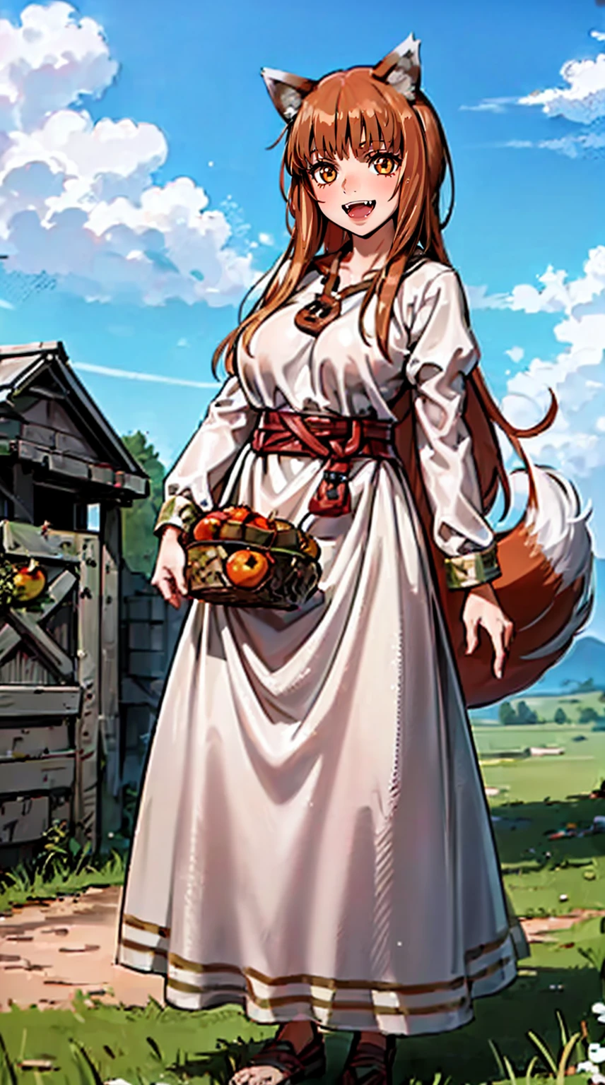 (holo:1.5), (holoBrownDress:1.5), masterpiece, best quality, absurdres, 1girl, looking at viewer, standing, cowboy shot, outdoors, medieval, cobblestone street, town, pouch, sash, smile, fruit, apple, basket,big breast, curvy, silver hair, white hair, full body, flipflops,open mouth smile, fangs,