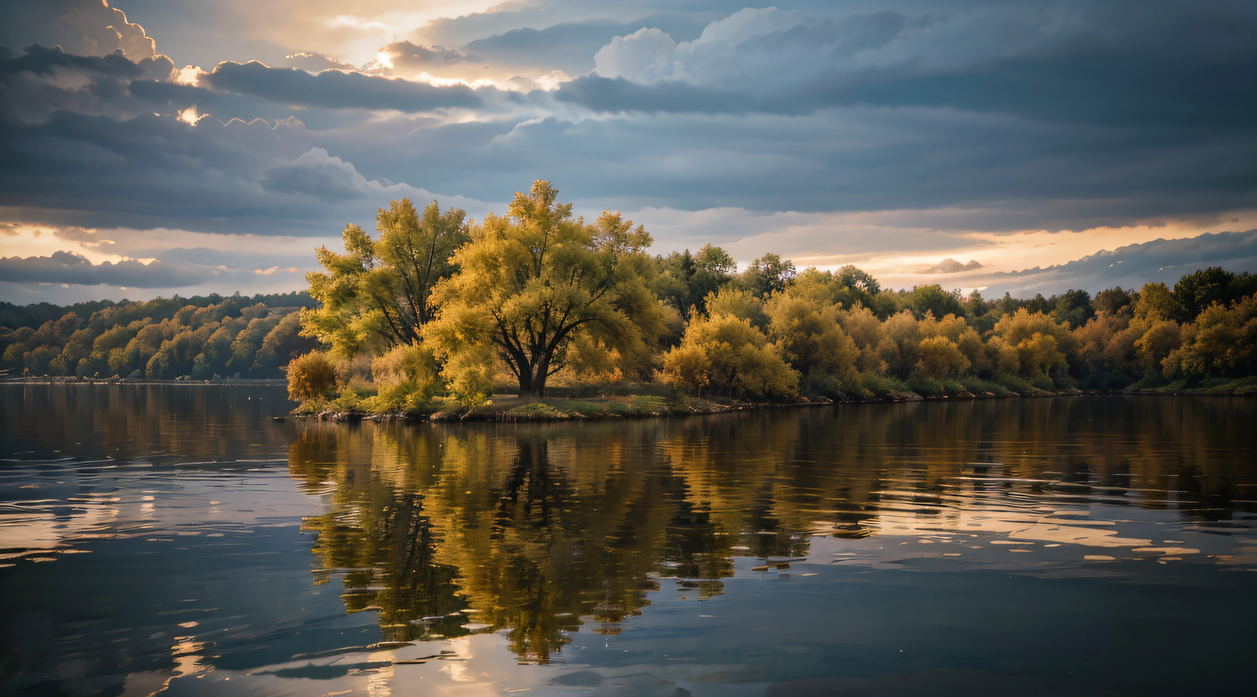 Ein atemberaubendes Bild eines goldenen Baumes mitten in einem See, mit seinen leuchtenden Farben, which are beautifully reflected in the calm water. The cloudy sky adds a touch of drama to the scene, was es zu einem wirklich faszinierenden Anblick macht.,episch,,filmisch,, filmisch, Dunkle Fantasie, Tierfotografiev0.1