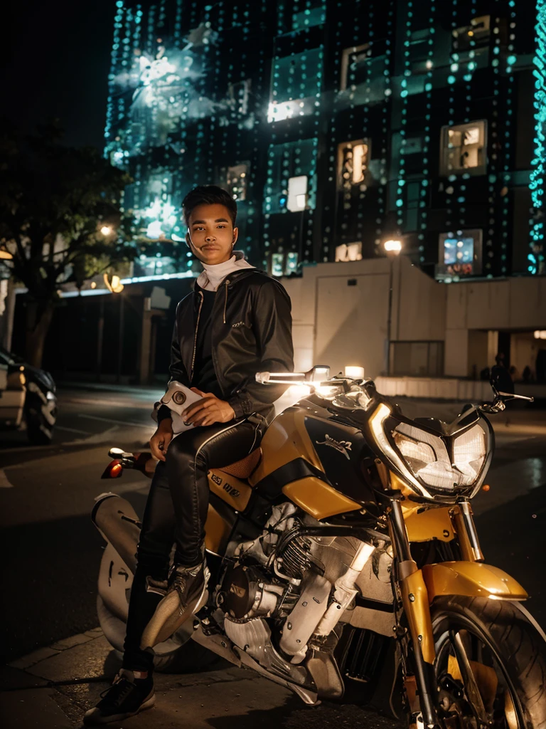 Iphone 15 with jacket city lighting background change wearing face mask