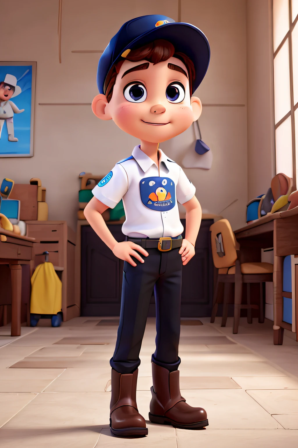 similar mascot similar to a boy with white hardhat, Estilo Disney Pixar, camisa branca, black pants and boots, melhor qualidade