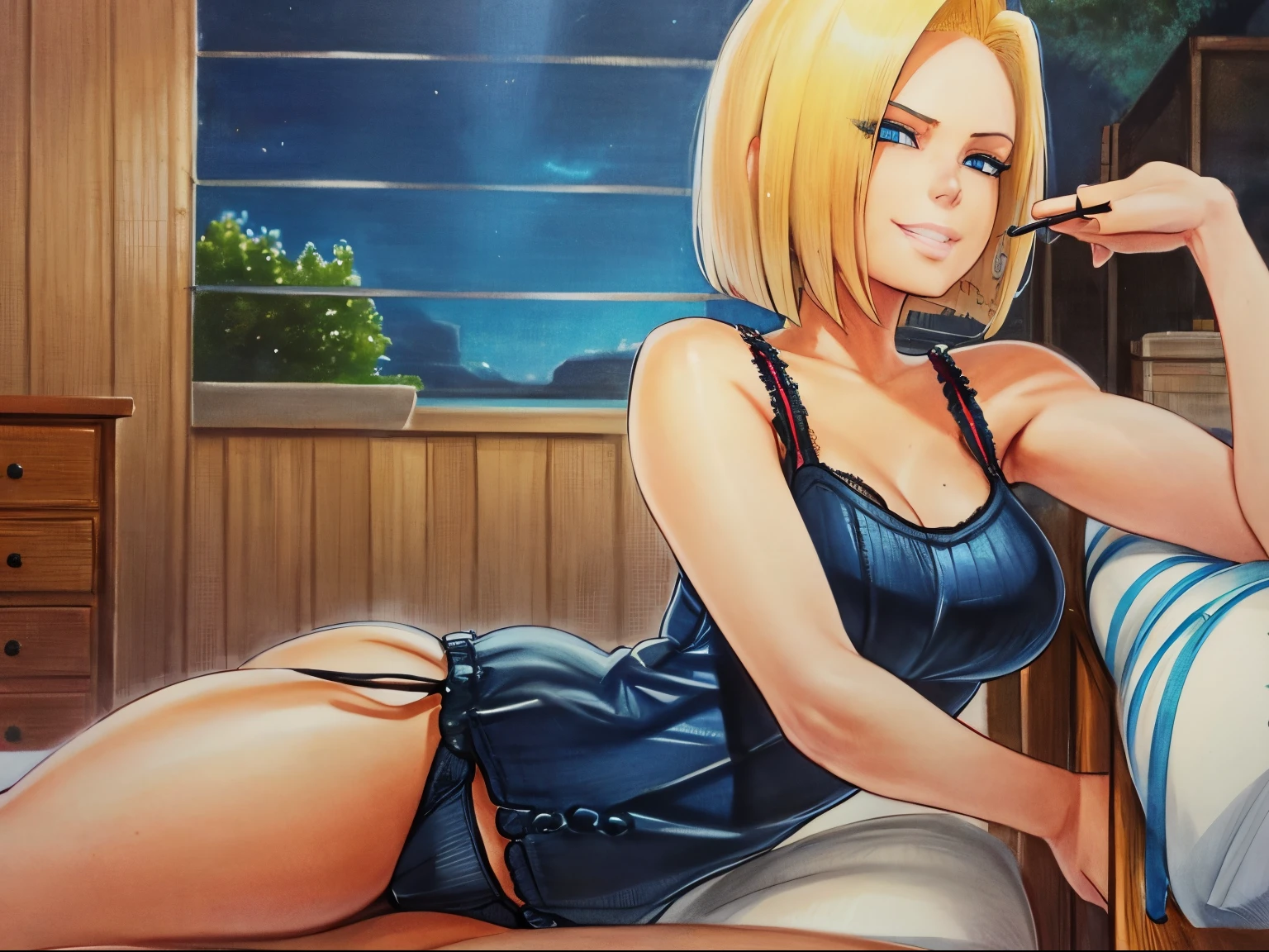 marker \(medium\), traditional media, unparalleled masterpiece, 8k uhd, perfect artwork, mature woman, android 18, blonde hair, blue eyes, short hair, photo, anime, bra, cleavage, ((gentle smile)), (((laying sideways))), bedroom, panties, (((underwear)))