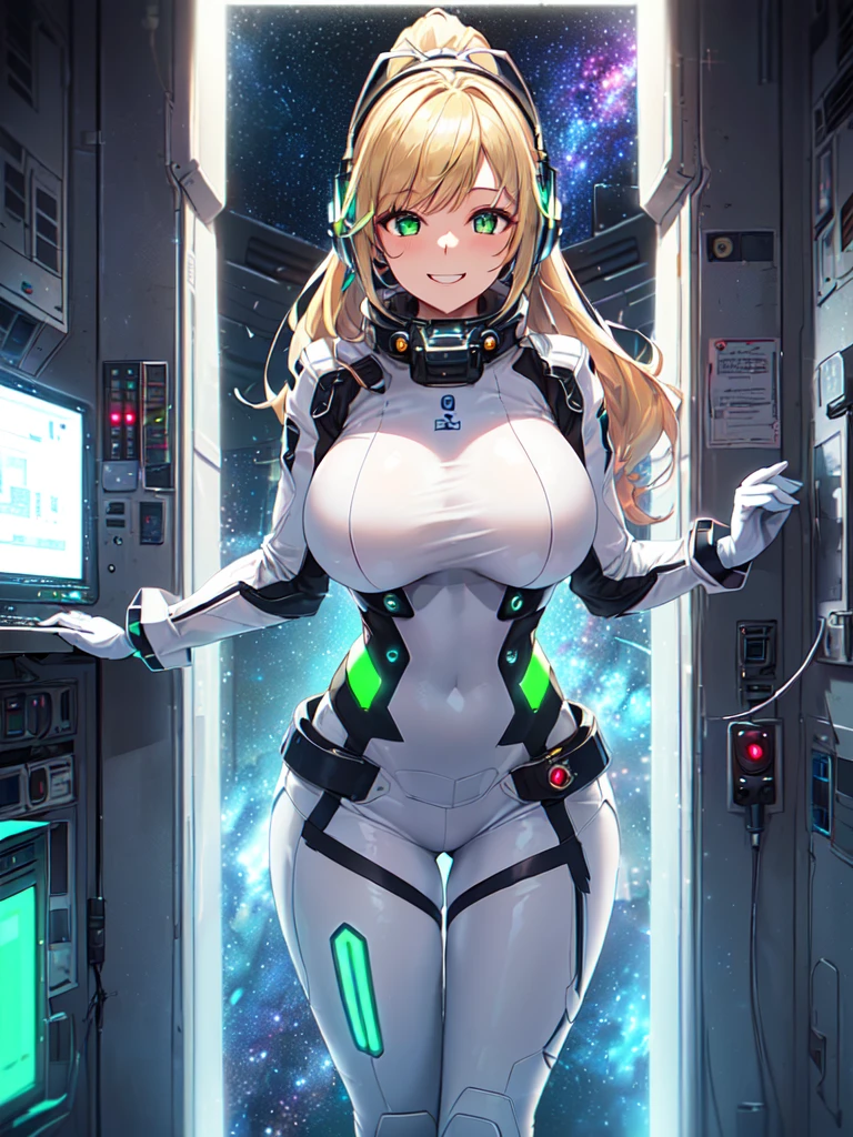 masterpiece:1.4, 1girl in ((20yr old, Dressed in a tight futuristic bodysuit in white and silver, long boots, huge-breasted, Multicolored blonde hair, twin ponytail, Perfect model body, Green eyes:1.4, Wearing headphones, Flirting, Happy, Big smile, Looking out the window of the futuristic sci-fi space station、While admiring the beautiful galaxy:1.2, SFSF control room on night background:1.1, Neon and energetic atmosphere:1.2)) ((Galaxy)) ((Solo:1.6))