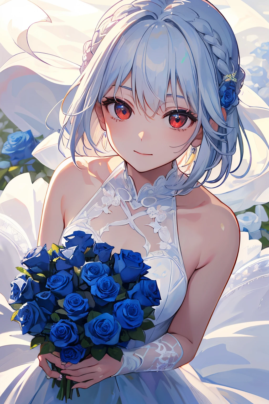 (masutepiece.top-quality).(Dynamic Angle). (Very spectacular detail CG painting),(image perfect)、comic strip.Illustration.1 girl in.Detailed face、face perfect.delicated face、Girl in delicate white wedding dress、Textured skin、White hair.short-hair、(short braided hair)Complex braided hair、((Beautiful red eyes)).Delicate and beautiful eyes、Eyes written in detail、Reflected eyes、Watery eyes、smil.(Holding a bouquet of blue roses:1.3).(Blue petals flutter:0.8)、((Girl in white prom dress))、8k wallpaper、cowboy  shot、Reflected Light、highestdetailed、Convoluted、Delicate background、Textured skin、Detailed skin、(ultra res)、