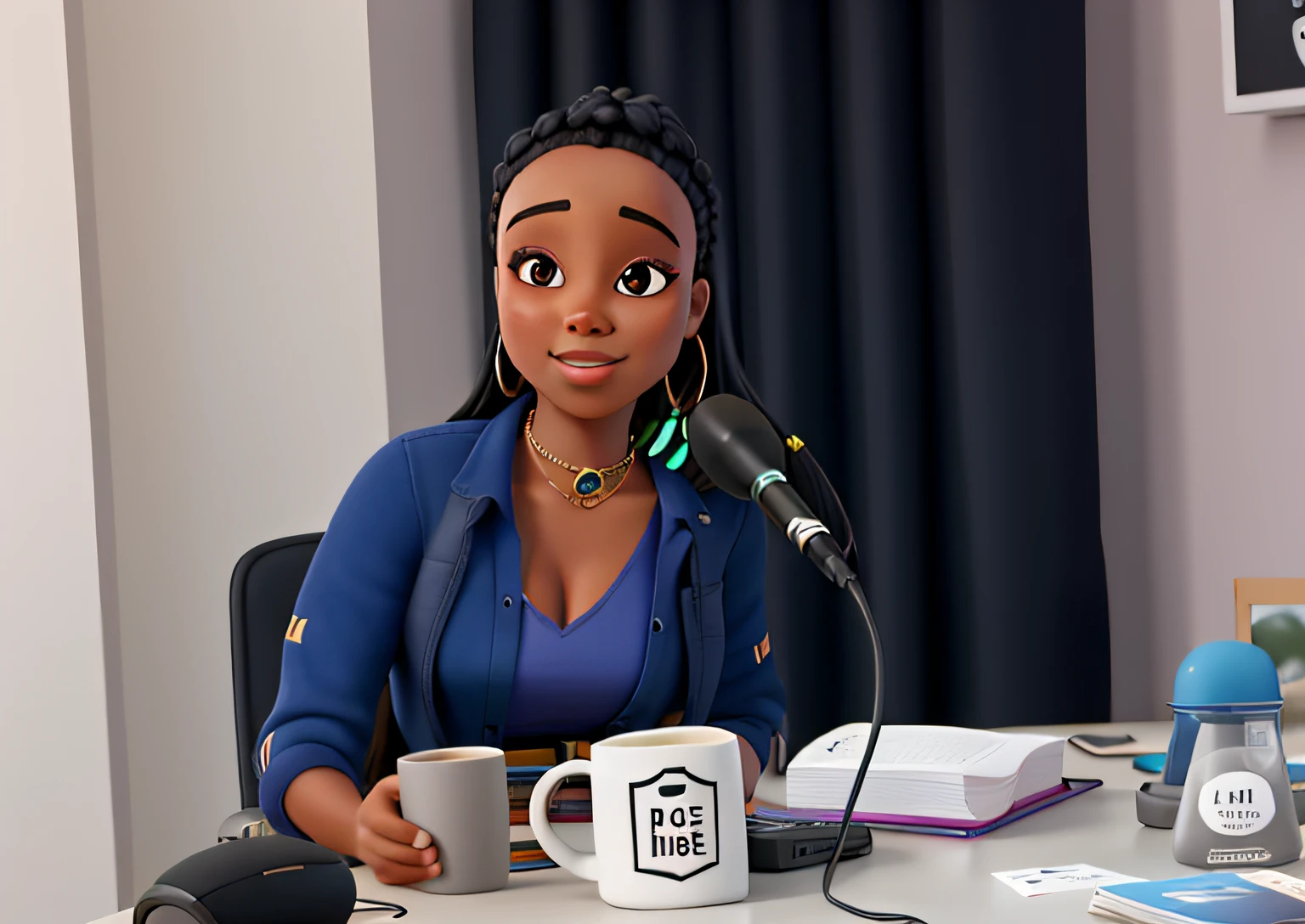 Mulher negra em um podcast, with the Bible on the table and a mug with PodSÁ written on it
