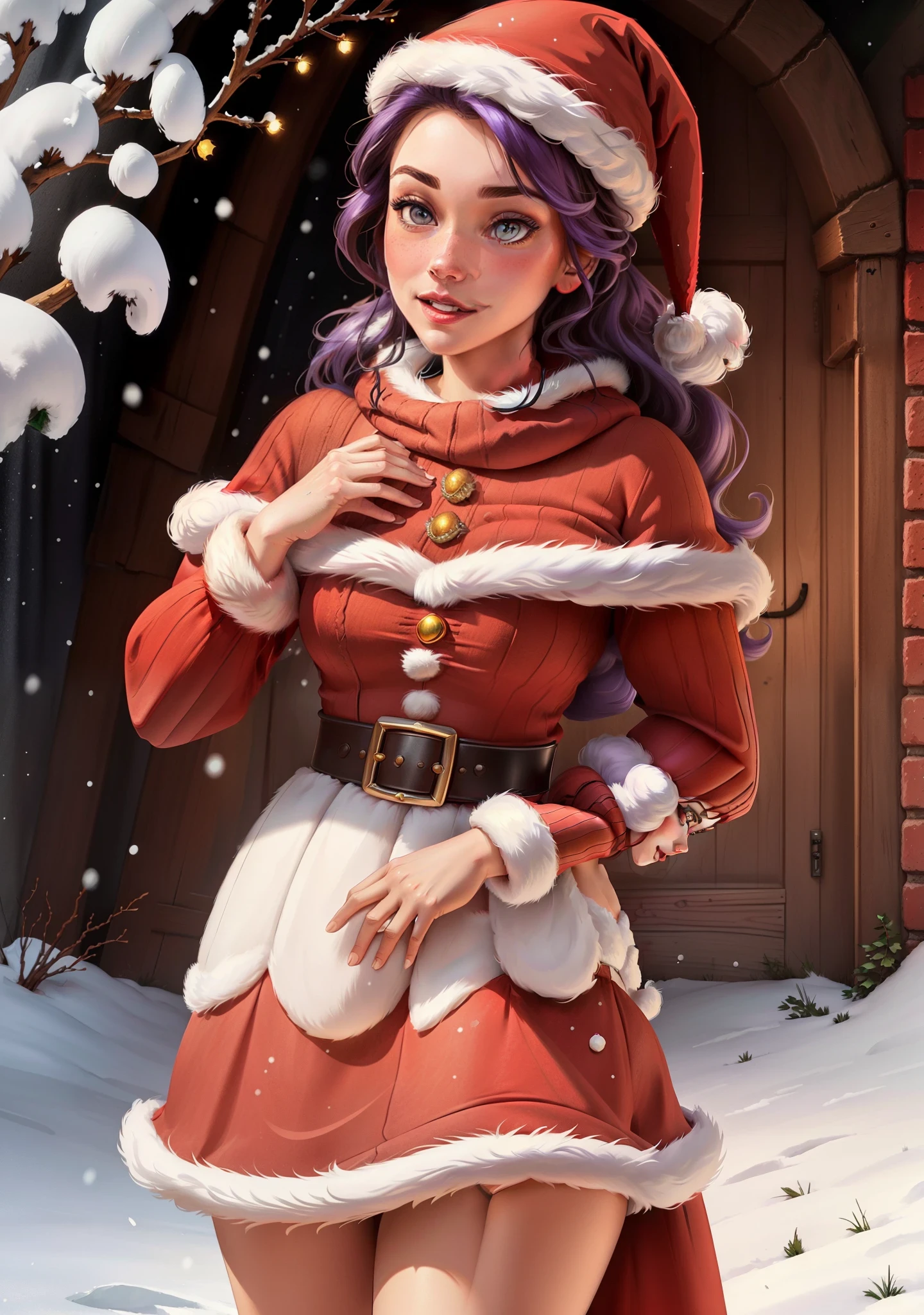 (BelleWaifu:1), (Santa Claus's red hat:1.5), snow on the background, surprised, cute, cute pose, (posing sexually:1) looking at the viewer, (hairstyle square), (purple hair), (red skirt:1.2), (purple fluffy sweater on the naked body:1.2), :D, (realistic: 1), (cartoon), (masterpiece: 1.2), (best quality), (over-detailed), (8k, 4k, intricate), (full-length shot: 1), (cowboy shot: 1.2), (85 mm), light particles, lighting, (very detailed: 1.2), (detailed face: 1.2), (gradients), sfw, colorful, (detailed eyes: 1.2), (detailed winter landscape, snow trees, garden, castle:1.2),(detailed background), detailed landscape, (dynamic angle:1.2), (dynamic pose:1.2), (rule third_composition:1.3), (line of action:1.2), wide view, daylight, solo,