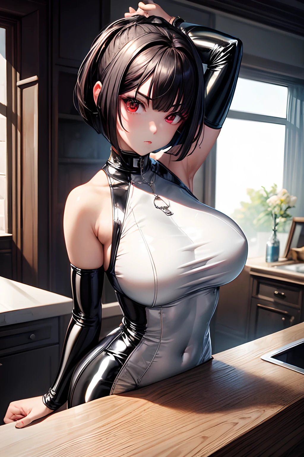 masterpiece,Best Quality,Highly detailed,1girl,Metallic White Silver tanktop,latex,Black Hair Bob,Red Eyes,