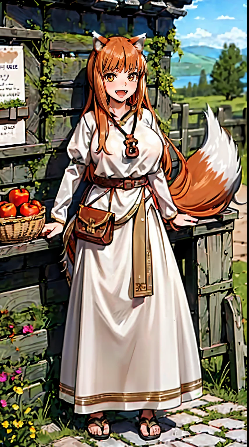 (holo:1.5), (holoBrownDress:1.5), masterpiece, best quality, absurdres, 1girl, looking at viewer, standing, cowboy shot, outdoors, medieval, cobblestone street, town, pouch, sash, smile, fruit, apple, basket,big breast, curvy, silver hair, white hair, full body, flipflops,open mouth smile, fangs,