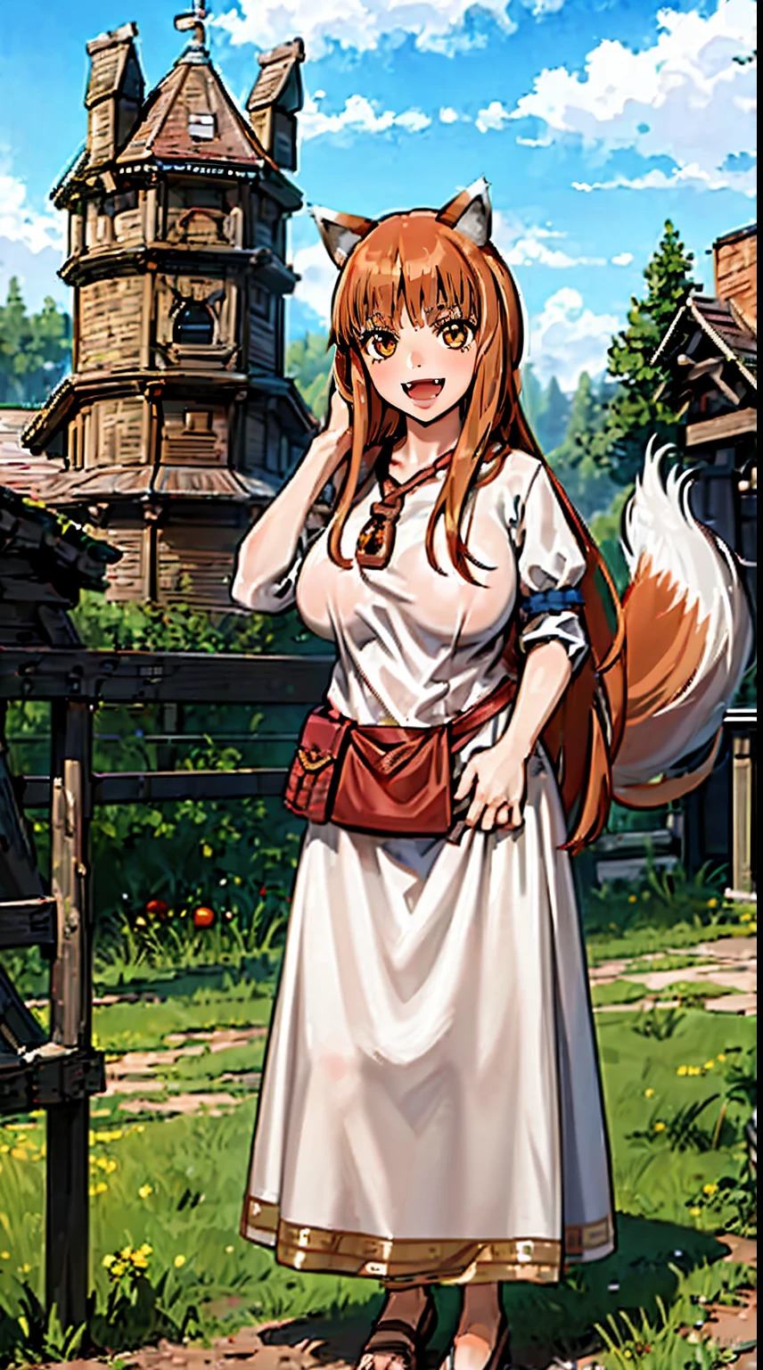 (holo:1.5), (holoBrownDress:1.5), masterpiece, best quality, absurdres, 1girl, looking at viewer, standing, cowboy shot, outdoors, medieval, cobblestone street, town, pouch, sash, smile, fruit, apple, basket,big breast, curvy, silver hair, white hair, full body, flipflops,open mouth smile, fangs,