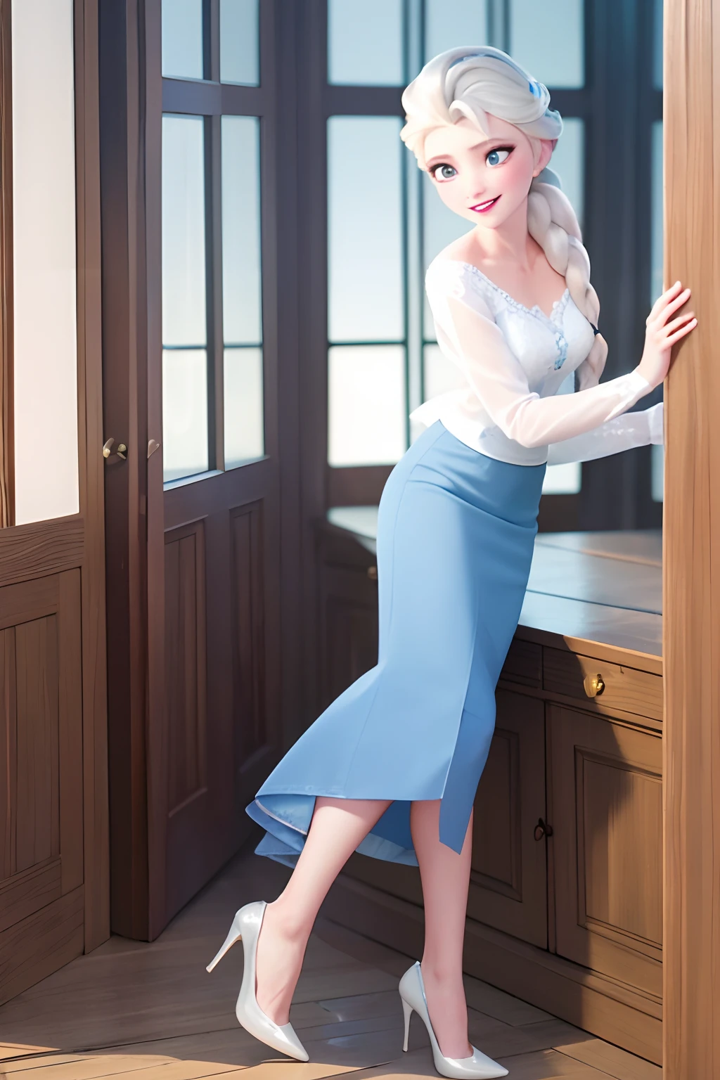 (masterpiece:1.4), (best qualit:1.4), (high resolution:1.4), Frozen Elsa, Disney princess Elsa, office lady Elsa, braided hair, one braid, a woman in a blue blouse posing for a picture, elegant decollete, elegant sleek smooth body, professional Elsa, wearing a blouse, elegant highly detailed, decolletage, glamorous and sexy geisha, wearing a white tuxedo, wearing a skirt, wearing a blue skirt, wearing a blue pencil skirt, pencil skirt stops at knees, black high heels, full body, smiling