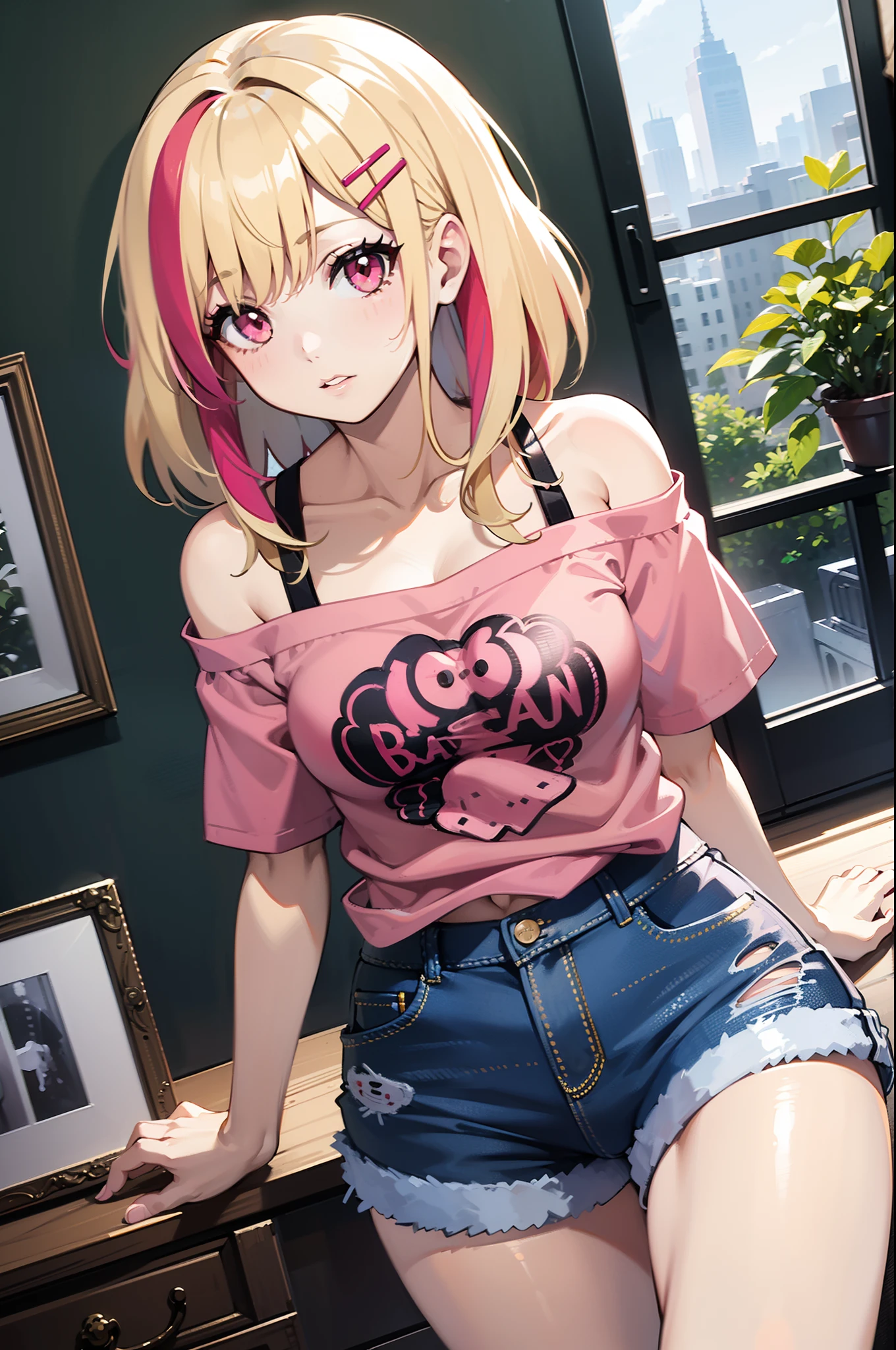 1girl, solo, blonde hair, scene hair, hair clips, pink streaks, streaky hair, long hair, off shoulder shirt, indoors, messy bedroom, cute decor, dutch angle, window, plants, jirai kei, print t shirt, denim shorts, thick lips, pink eyes, layered hair