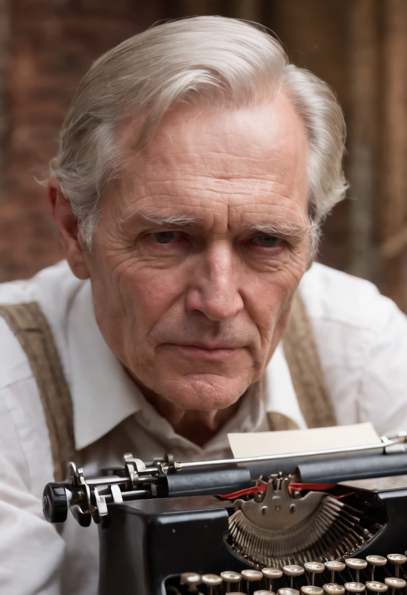 A close-up of a vintage typewriter with a stack of paper beside it.,Red Dead Redemption II, Hosea is a lean, elderly man with neat, silver hair cut short and a clean-shaven face.