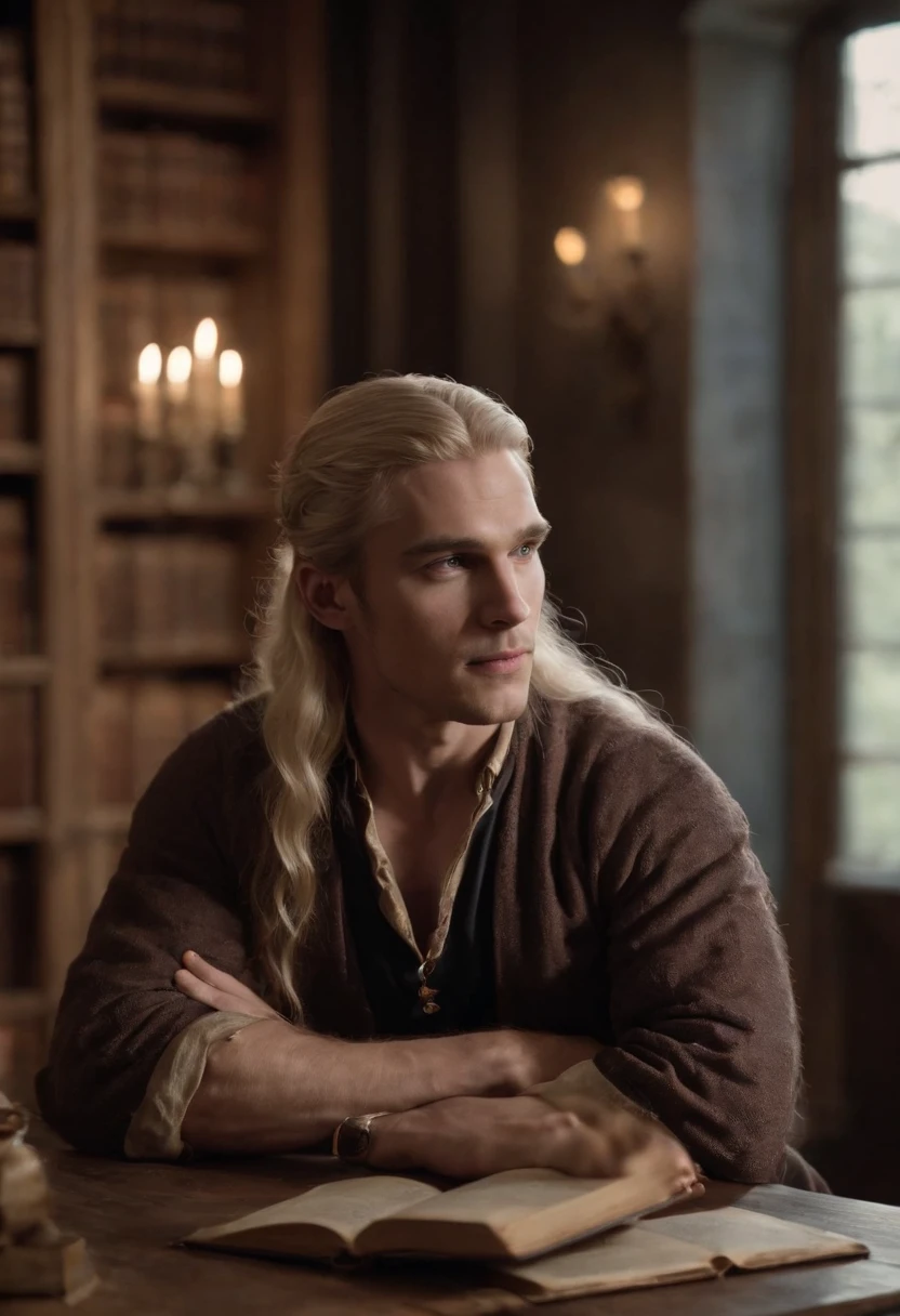 Aemond is seen sitting in his study, surrounded by shelves of ancient books and artifacts.,original,He is tall and fit. He has muscles but is thin. He is in his late twenties. He has long blonde hair and a violet eye. His other eye is prosthetic. He often wears black casual clothes. He is a man.