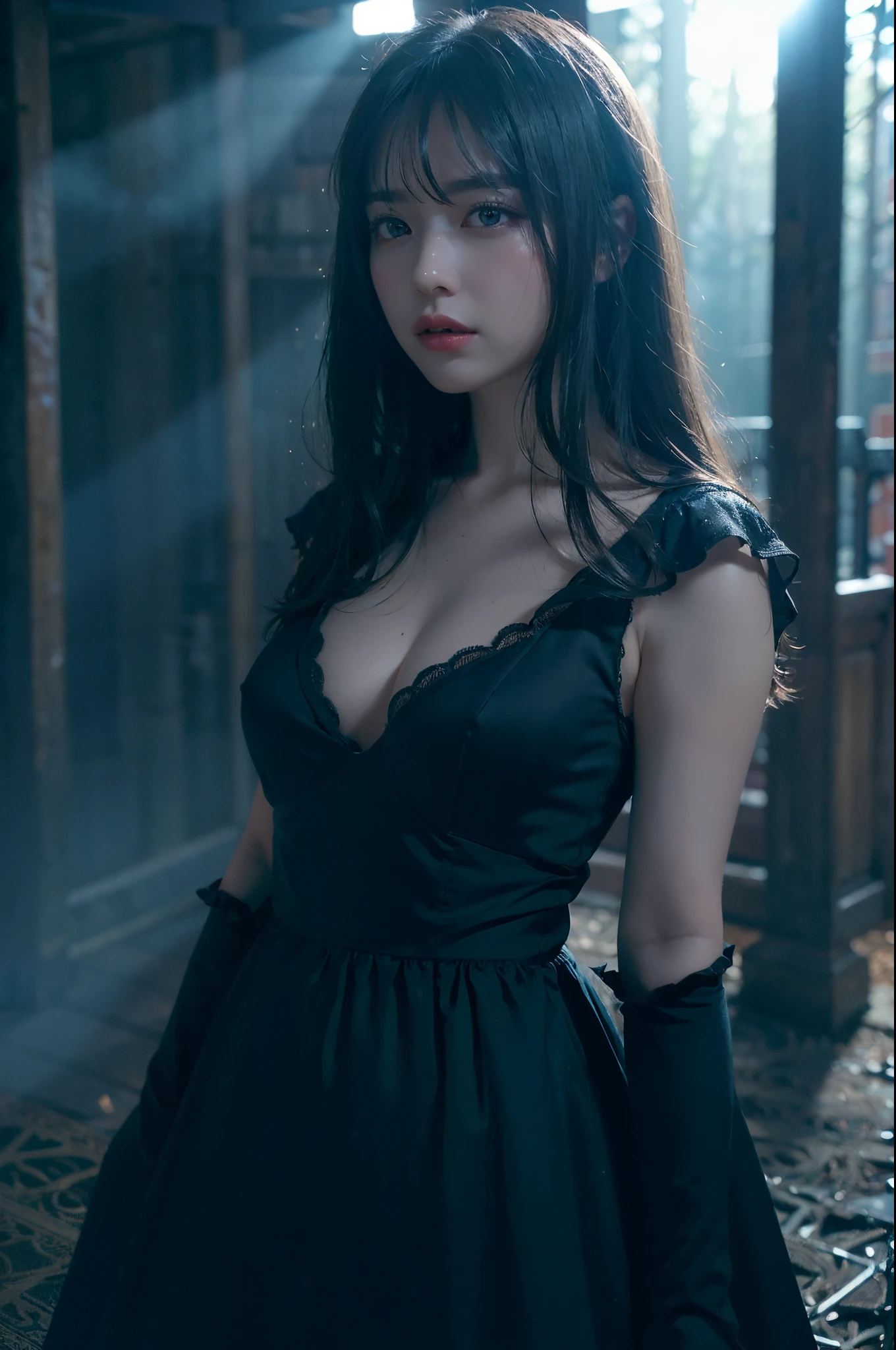 (dark scene, soft lighting, high saturated):1.4, vivid illumination, enchanting elegance, atmospheric depth, masterful technique, naturalistic representations, harmonious composition, creative refinement, striking juxtapositions,
1girl, dark dress, blue eyes, facing viewer, cowboyshot,
,volumetric fog, outdoors