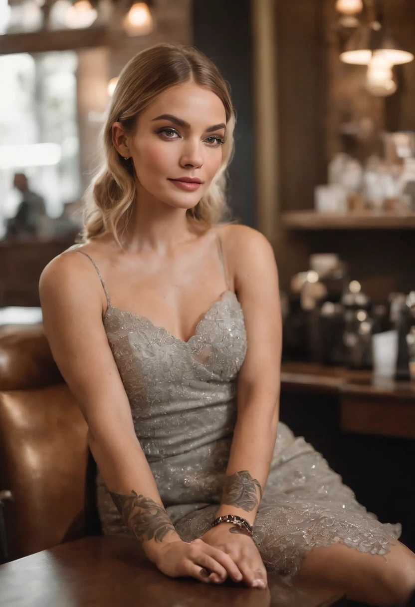 A picture of Sophia sitting at the counter of a local tattoo parlor.,original,In her late 20s, Sophia Turner exudes stunning beauty, easily fitting into the affluent and stylish community of Pacific Palisades. She is often seen in elegant attire, a testament to her successful high-end jewelry business, and is the picture of grace and sophistication, whether attending business events or managing her picture-perfect family life with her two beautiful children.