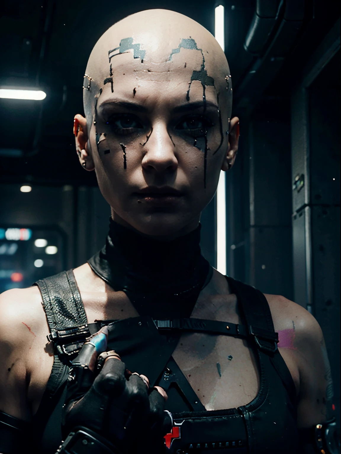 The badass cyberpunk dystopian 3098 apocalypse warrior, dystopian apocalypse ,mature woman, strong body, (red eyes), dark blue hair,((beautiful hard breast)), battle scar's, neon shadows,, ,,(Solo leveling:1.1),,,tattoos,(massive perfect snoopy breast:1.0), massive perfect breast,,(muscular body:0.7), undercut hairstyles,,shot hair, (naked breast), (realistic skin texture:1.2),4k, (cinematic photography:1.0),,(head and breast closeup)