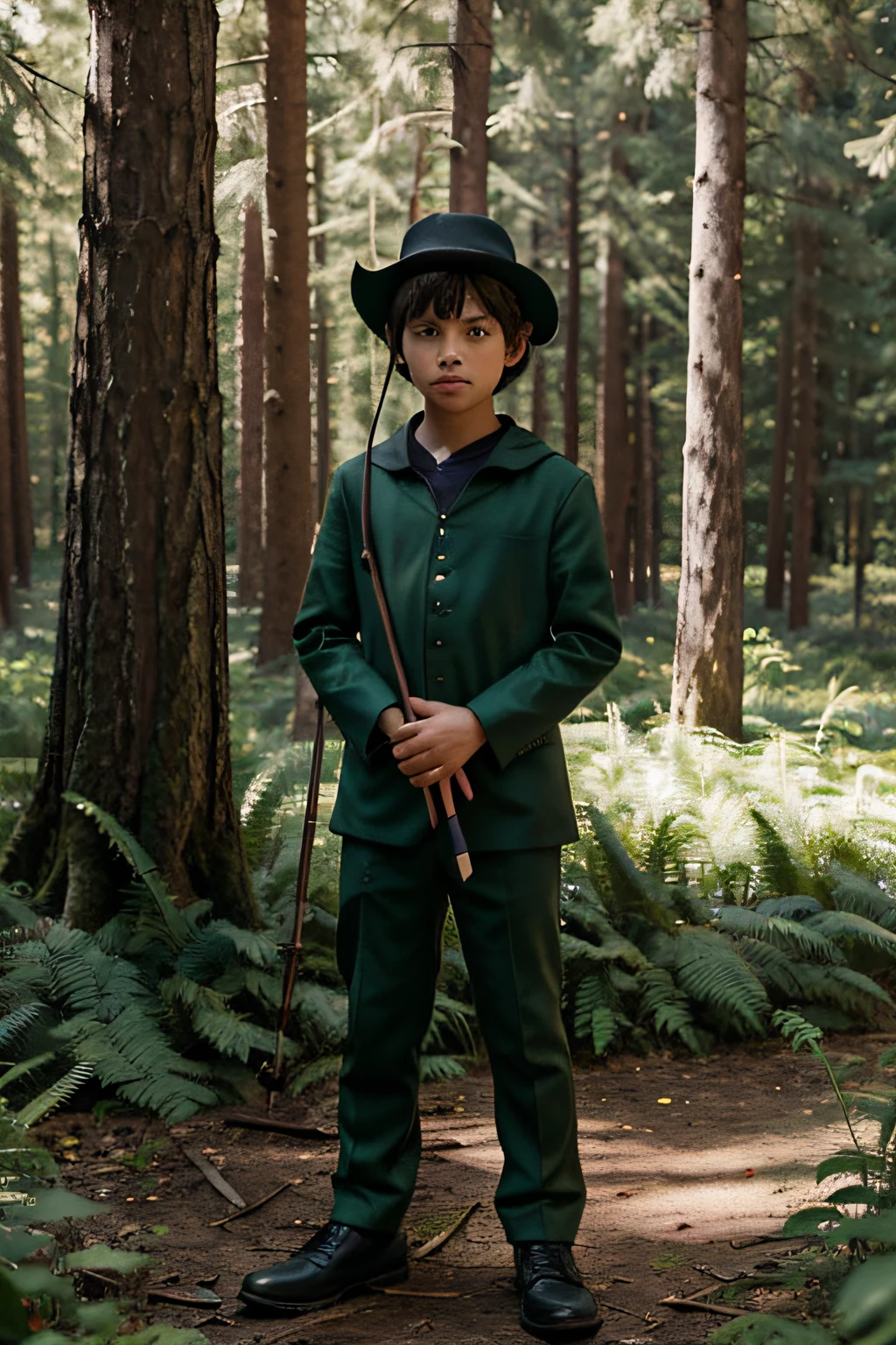 boy of , with dark hair, in a black hat ( possible with a pen), looks like Robinhood, big eyes, maybe in a green suit, standing at full height in the forest, created in Disney cartoon style. It's possible, Holding a bow in his hand.