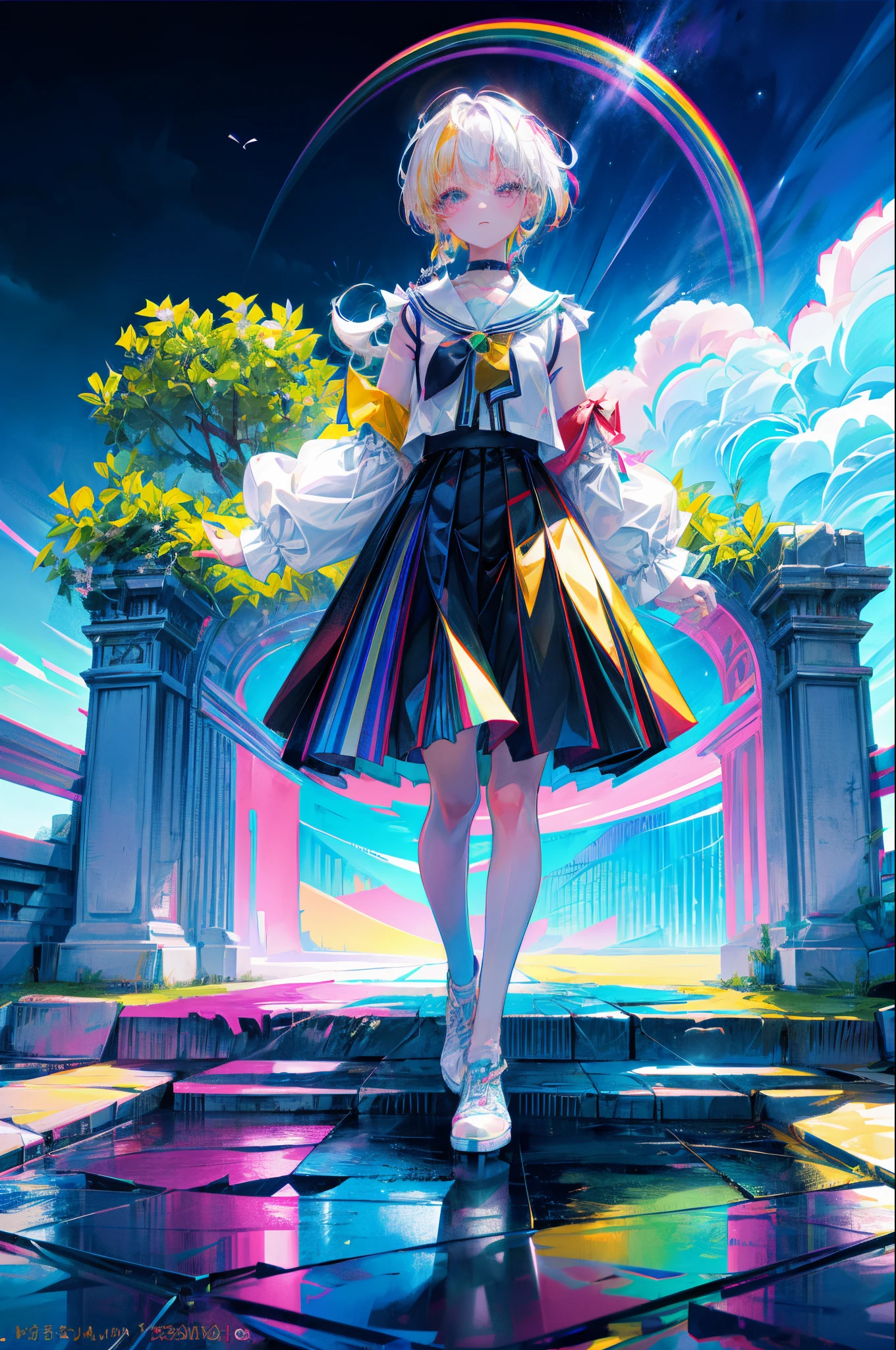 Rainbow on background、Irridescent color、colourfull、top-quality、超A high resolution、(Photorealsitic:1.4)、Female 1 Person、Sleeveless white buttoned shirt、Black skirt、Black Choker、cute little、(Kpop Idle)、(attractiveness:1)、(Platinum Blonde Hair:1)、((Puffy eyes))、Look at the viewer、full body Esbian、Facing the front