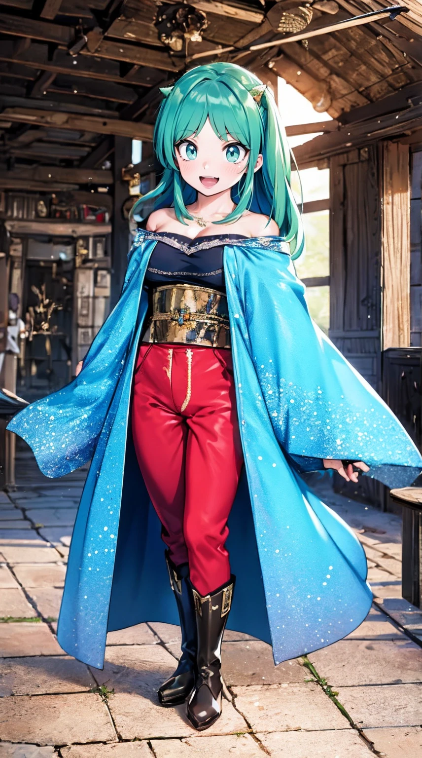 masterpiece, best quality,, corset, breastplate,lum, , urusei yatsura, cloak, pants, pullover kimono,martial pov,, pantyhose, sharpteeth, standing,smile, matial art,, full body, boots , pant, medium breast, pants, pullover,martial pov,god rays, ray tracing, sparkle, cinematic lighting, UHD, retina, masterpiece, ccurate, anatomically correct, textured skin, super detail, high details, high quality, award winning, best quality, highres, 1080P, HD, 4K, thunder aura, light aura, sharpteeth,, super powers, full body, standing, kimono,woman-medieval-clothes, fangs, smile, green hair,open mouth,