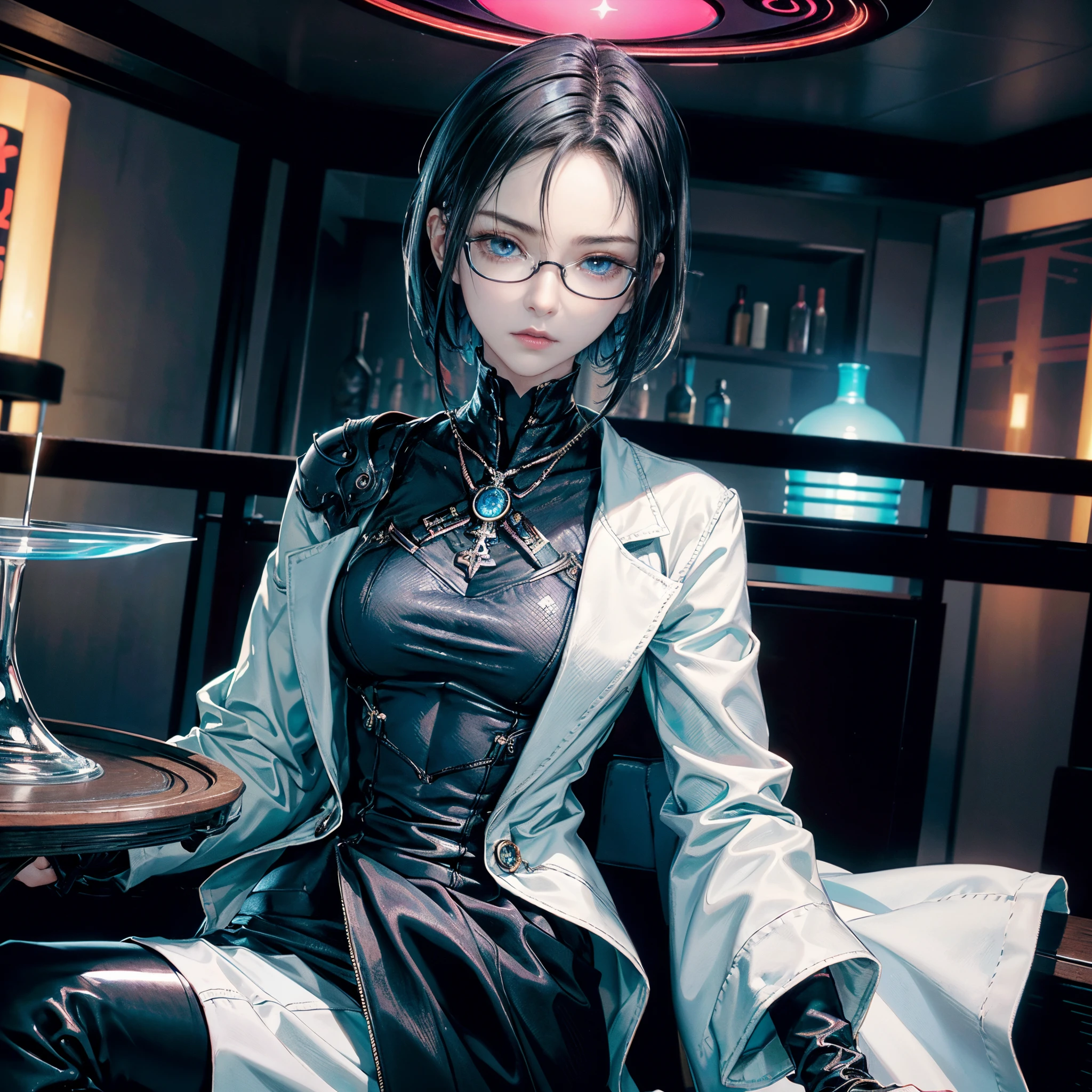 Cinematic lighting、highlydetailed skin、masutepiece,1girl in, Best Quality,cyberpunked,(Alternative、dim colors, Soothing tones:1.3),(Beautuful Women、Detailed beautiful facial features、Short black hair、blue eyess、eye glass、slenderbody:1.3)（eye glass:1.5）(formal white coat、Black Denim、long boots:1.1).（iron table）（sit a chair、liqueur drink on hand:1.8）（natta、Inside the bar:1.5）