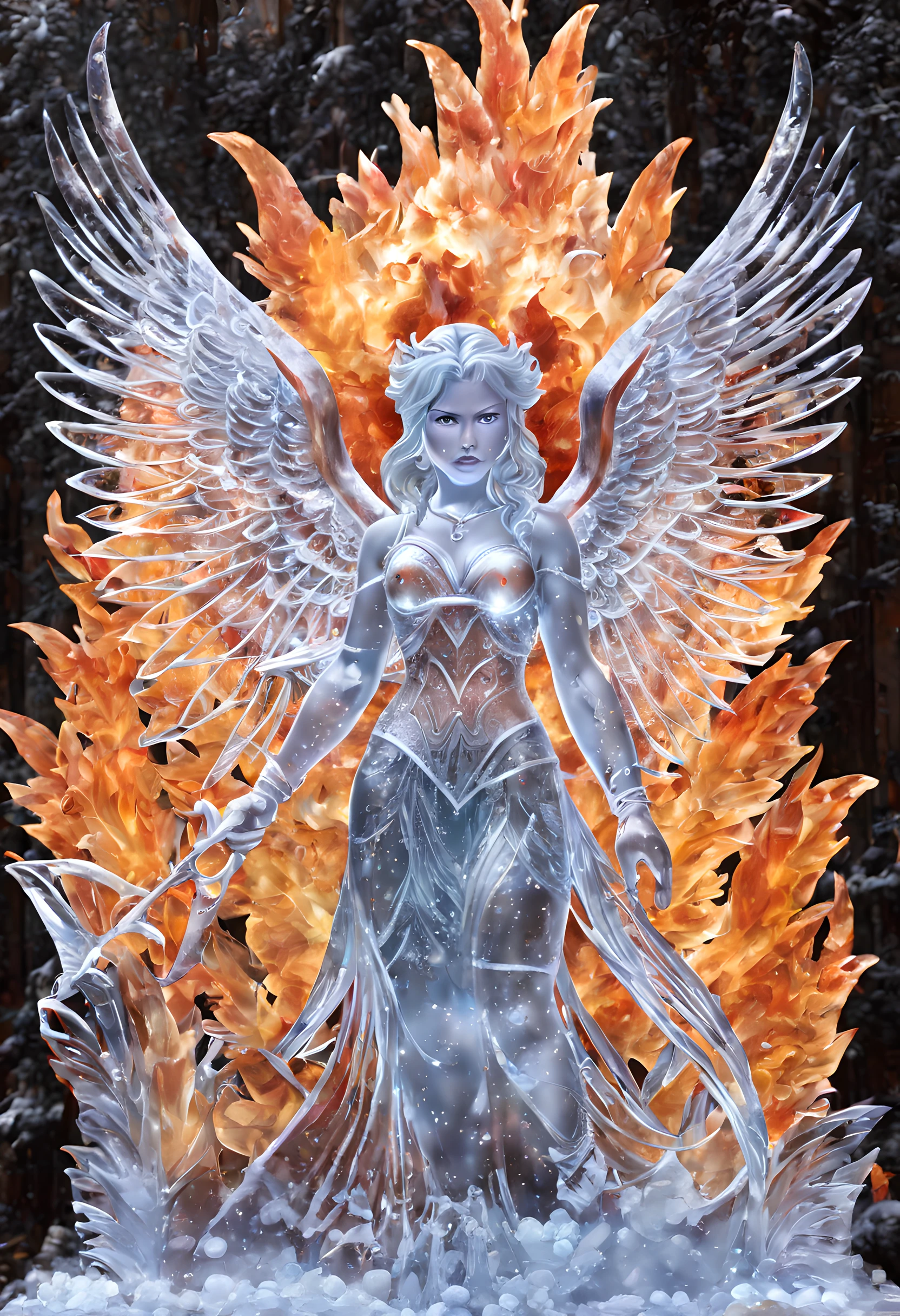 fantasy art, RPG art, icestyle a picture of an (ice sculpture: 1.5) (ultra detailed, Masterpiece, best quality: 1.4) of an (icy: 1.4) female angel (ultra detailed, Masterpiece, best quality: 1.3) spread angel wings angel_wings (ultra detailed, Masterpiece, best quality: 1.3) made from ice, fiery halo red fire, flame hair red fire, orange fire element  fantasy temple background best quality, 16k, [ultra detailed], masterpiece, best quality, (ultra detailed), full body, ultra wide shot, photorealistic