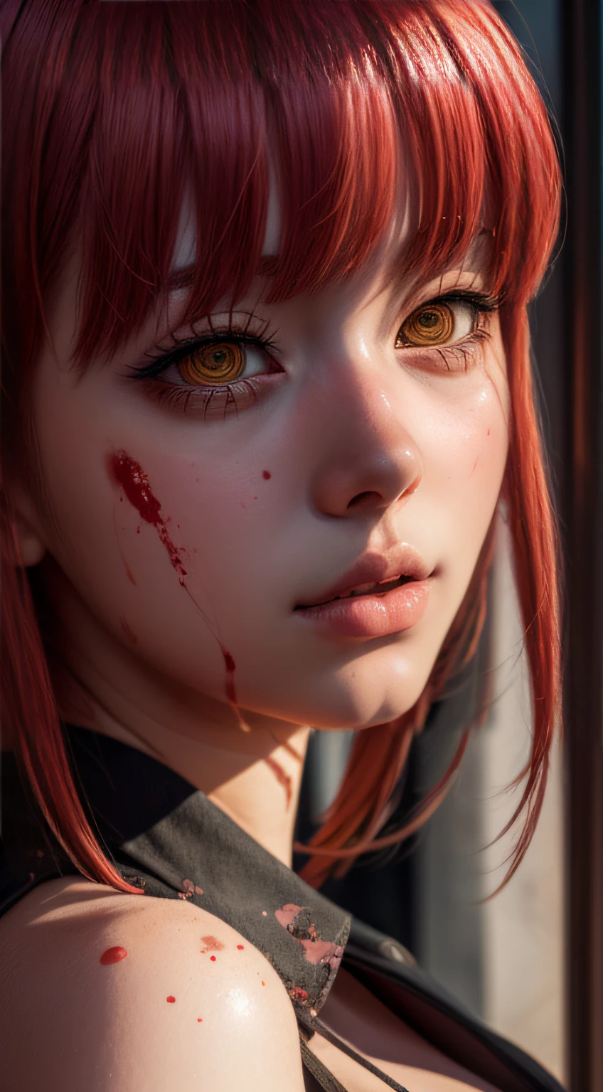 masterpiece, best quality, (extremely detailed CG unity 8k wallpaper, masterpiece, best quality, ultra-detailed, best shadow), (detailed background), (beautiful detailed face, beautiful detailed eyes), High contrast, (best illumination, an extremely delicate and beautiful),1girl,((colourful paint splashes on transparent background, dulux,)), ((caustic)), dynamic angle,beautiful detailed glow,full body, blood splash on face. close up of a woman, anime girl with red hair and a white shirt and tie, a character portrait by Yang J, pixiv, shin hanga, portrait of an anime girl, female anime character, portrait anime girl, portrait of asuka langley soryu, beautiful anime portrait, detailed portrait of anime girl, anime character, realistic anime artstyle, anime girl portrait, anime character portrait