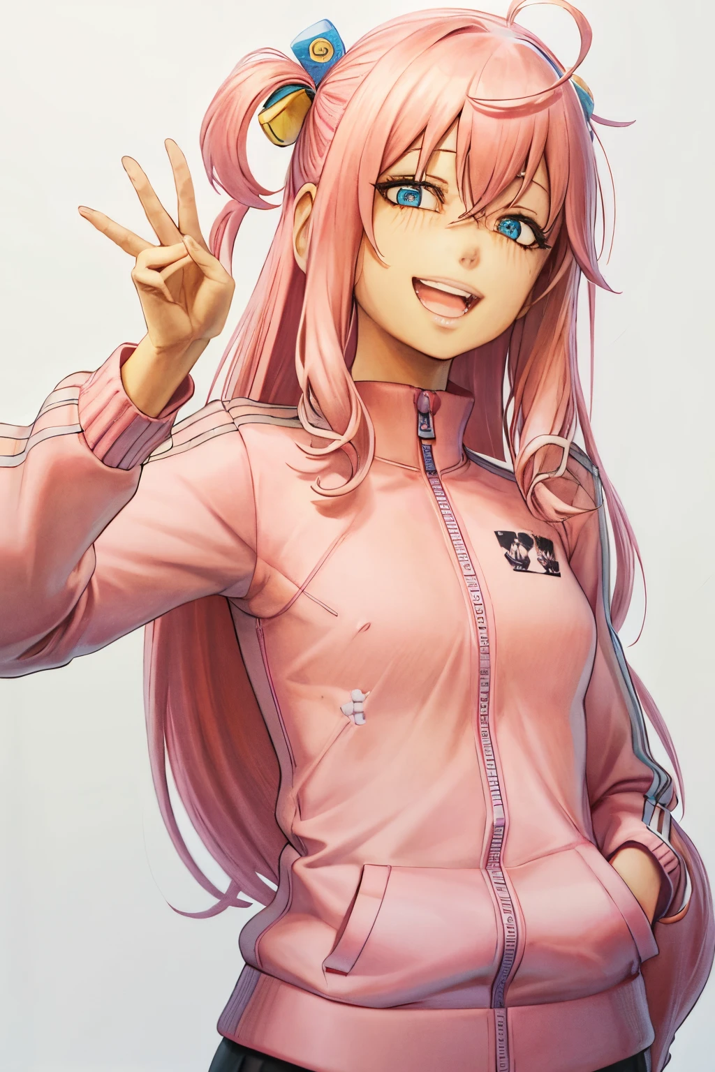 gotoh hitori, 1girl, solo, long hair, smile, open mouth, blue eyes, simple background, long sleeves, white background, hair between eyes, upper body, pink hair, v, one side up, trembling, shaded face, track jacket, double v, nervous, nervous smile, cube hair ornament, pink track jacket traditional drawing, markers