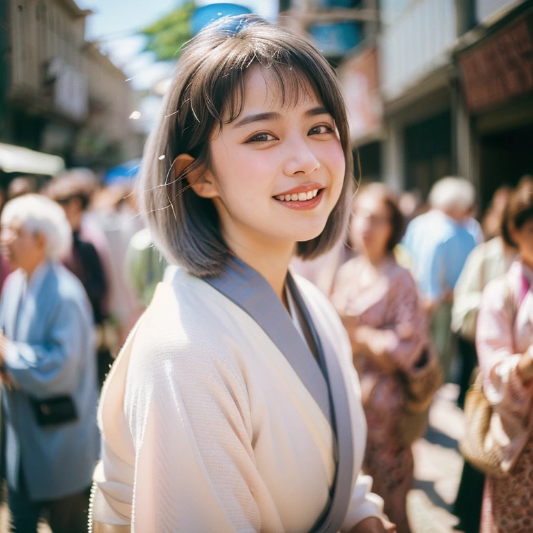 (Realistic, Photorealistic, Raw photo, Detailed, Beautiful, Film grain:1.8), (Natural lighting, Perfect Lighting:1.5), Beautiful skin, 20yr old,
Yukime V4, japanes, 1girl in, (White kimono, Grey Hair, Looking at Viewer), (angled, Outdoors, Street, Thigh:1.2), grin, Wind, (Crowded people々:1.6)