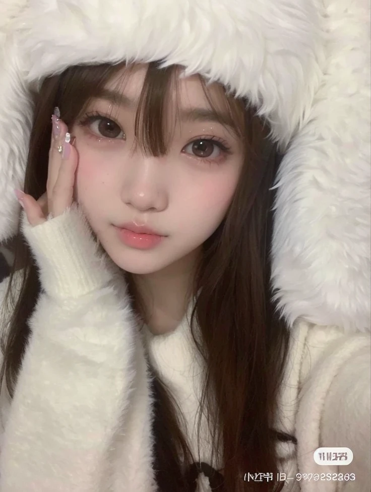 puffy Asian girl in a furry white hat and white coat, Ulzzang, bonito rosto de anime natural, Lalisa Manobal, com bonito - fino - rosto, wan adorable korean face, rosto bonito claro, menina bonito-fino-cara, Sakimichan, Jinyoung Canela, young adorable korean face, menina kawaii bonito, Jaeyeon Nam