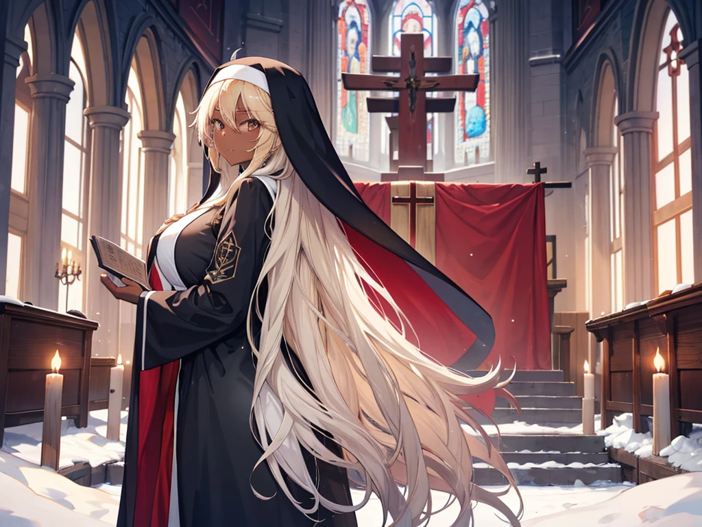 long hair, blonde hair, (dark skinned female), (nun), red eye, big breasts, Big ass, Deer antlers, large body, red brash, winter church background, smile, See-through ware,
