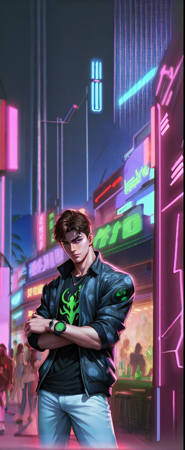 Anime man wearing a black jacket standing in front of Neon City, hero pose colorful city lighting, Cyberpunk Champion, Stylized urban fantasy artwork, Cyberbank Street Goal, Cyberpunk Dude, digital cyberpunk anime art, Trending on ArtStation, Inspired by Raymond Hahn, Clarification of official personality, Artwork in the background, commission for high res, anime cyberpunk art, Digital Cyberpunk - Anime Art