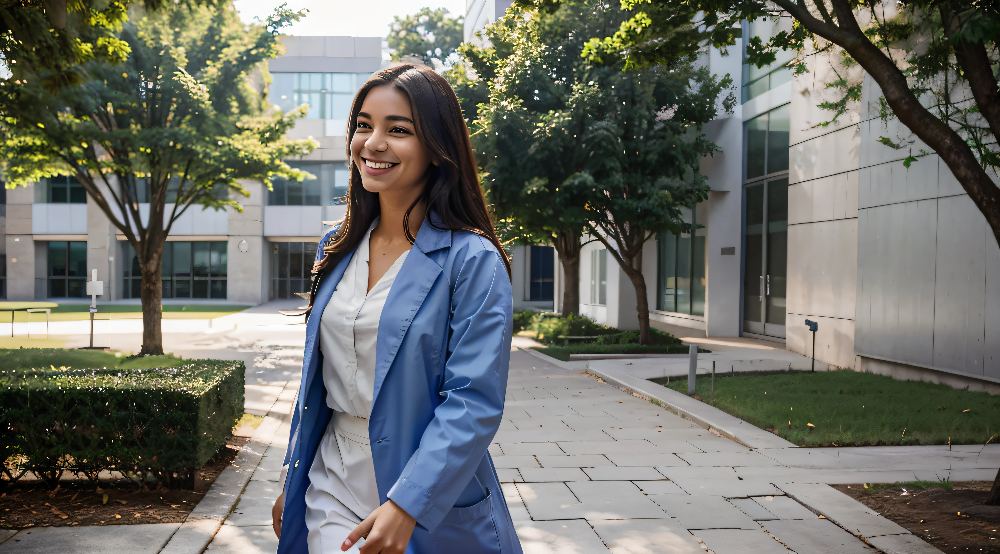 Imagine a Brazilian medical student walking through the pristine and modern campus of the university's medical school. She's dressed in medical scrubs with a blue coat, a confident smile brightening her face as she gracefully moves across the campus.

The surroundings are immaculate, emanating an air of order and organization befitting a prestigious medical institution. The sun shines, casting a warm and inviting glow over the scene. The student, donning a white blouse underneath her blue coat, exudes optimism and professionalism in this academic setting.

I hope this revised description aligns with your vision!