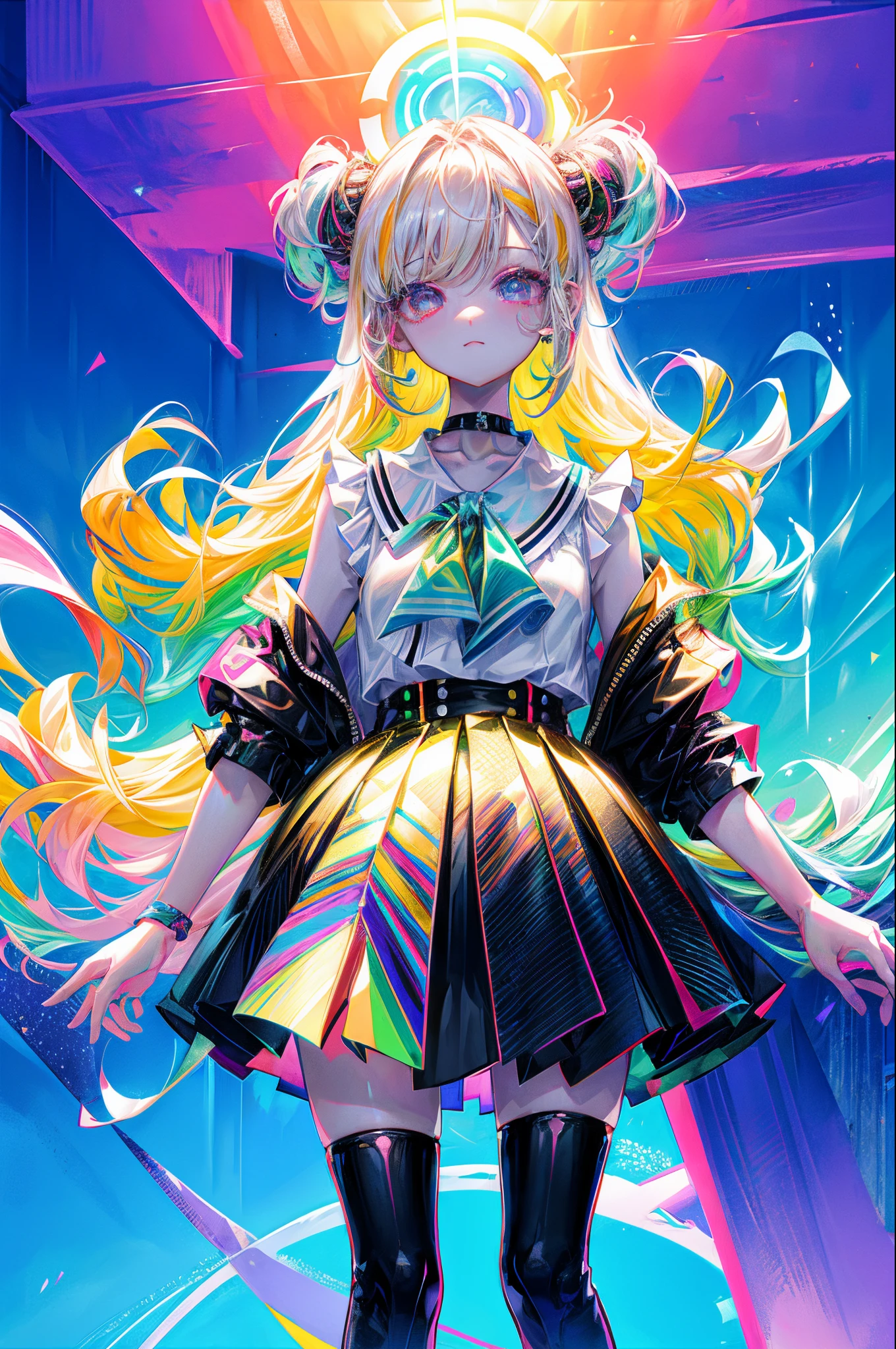 Rainbow on background、Irridescent color、colourfull、top-quality、超A high resolution、(Photorealsitic:1.4)、Female 1 Person、Sleeveless white buttoned shirt、Black skirt、Black Choker、cute little、(Kpop Idle)、(attractiveness:1)、(Platinum Blonde Hair:1)、((Puffy eyes))、Look at the viewer、full body Esbian、Facing the front