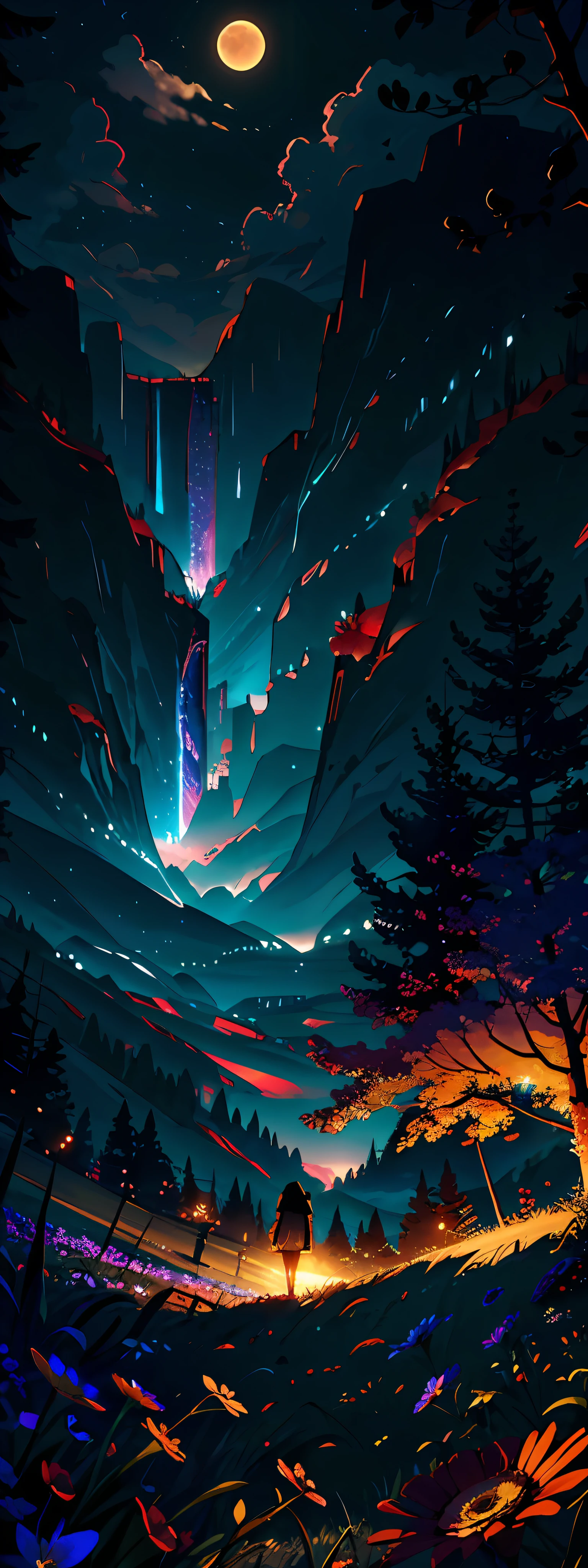 Expansive landscape photograph，（look from down，Above is the sky，Below are open fields），A girl standing on a flower field looking up，（moon full：1.2），（meteors：0.9），（Starcloud：1.3），far away mountain, Tree BREAK making art，（Warm light source：1.2），（glowworm：1.2），lamp lights，Lots of purple and orange，Complicated details，Volumetric lighting BREAK（tmasterpiece：1.2），（best quailty），4k，ultra detali，（dynamic compositions：1.4），with great detail，richly colored，（Iridescence color：1.2），（with light glowing，Atmospheric lighting），dreamlike，magical，（独奏：1.2），lone