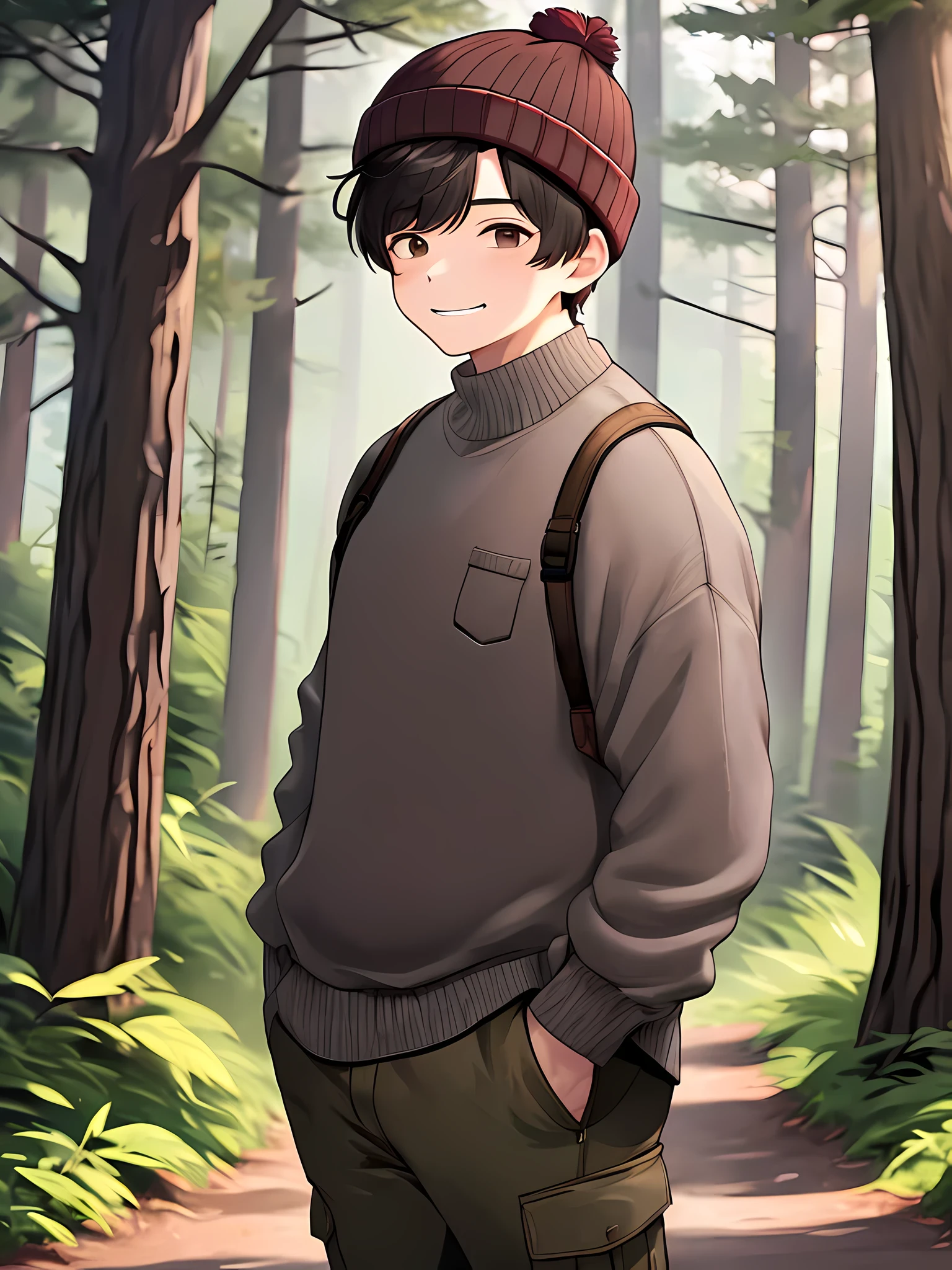 (best quality:0.8) perfect anime illustration, extreme closeup portrait of a chubby boy in the woods, short black hair, grinning face, dark brown eyes, black sideburns, wearing a burgundy beanie, gray sweater, cargo pants