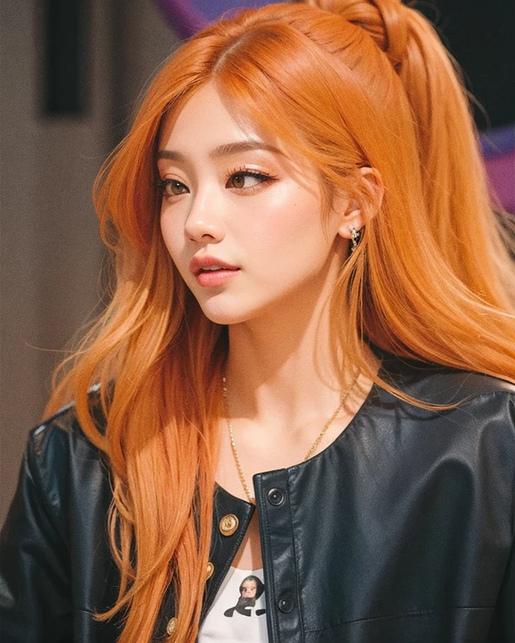 um close de uma mulher com longos cabelos ruivos vestindo uma jaqueta preta, tzuyu de duas vezes, ela tem cabelos longos e redorange, Ela tem longos cabelos castanhos alaranjados, Dom Yunjoo, Jinyoung Canela, jossi do blackpink, Lalisa Manobal, Retrato de Jossi de Blackpink, Bae Suzy, Parque Roseanne do Blackpink, Parque Ji-min