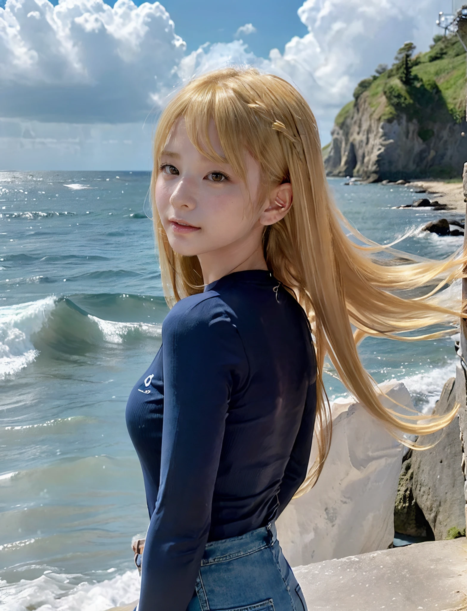 (​masterpiece、top-quality、8k wallpaper、hight resolution、A hyper-realistic)、1girl in、独奏、Composition of the whole body from a distance, Slender body type:1.1、Beautiful face、Beautiful eyes、A detailed face、A detailed eye、Detailed nose、Detailed mouth、(Long blonde hair blown in the wind:1.5)、(Lots of bangs:1.5)、sea seen from rock wall、(Photograph yourself:1.5)、tshirts, Long pants, Looking at the sea、Wearing trekking boots、Natural Landscape Photography;There is a sea in the distance.、Summer seascape with a wonderful contrast between the blue sky and white clouds。camera="Sony a7 IV";lens="Tamron 28〜200mm F / 2.8〜5.6Di III RXD";"shibori= F / 6.3";"Shutter Speed=1/1600 seconds";"...........ISO=100";
